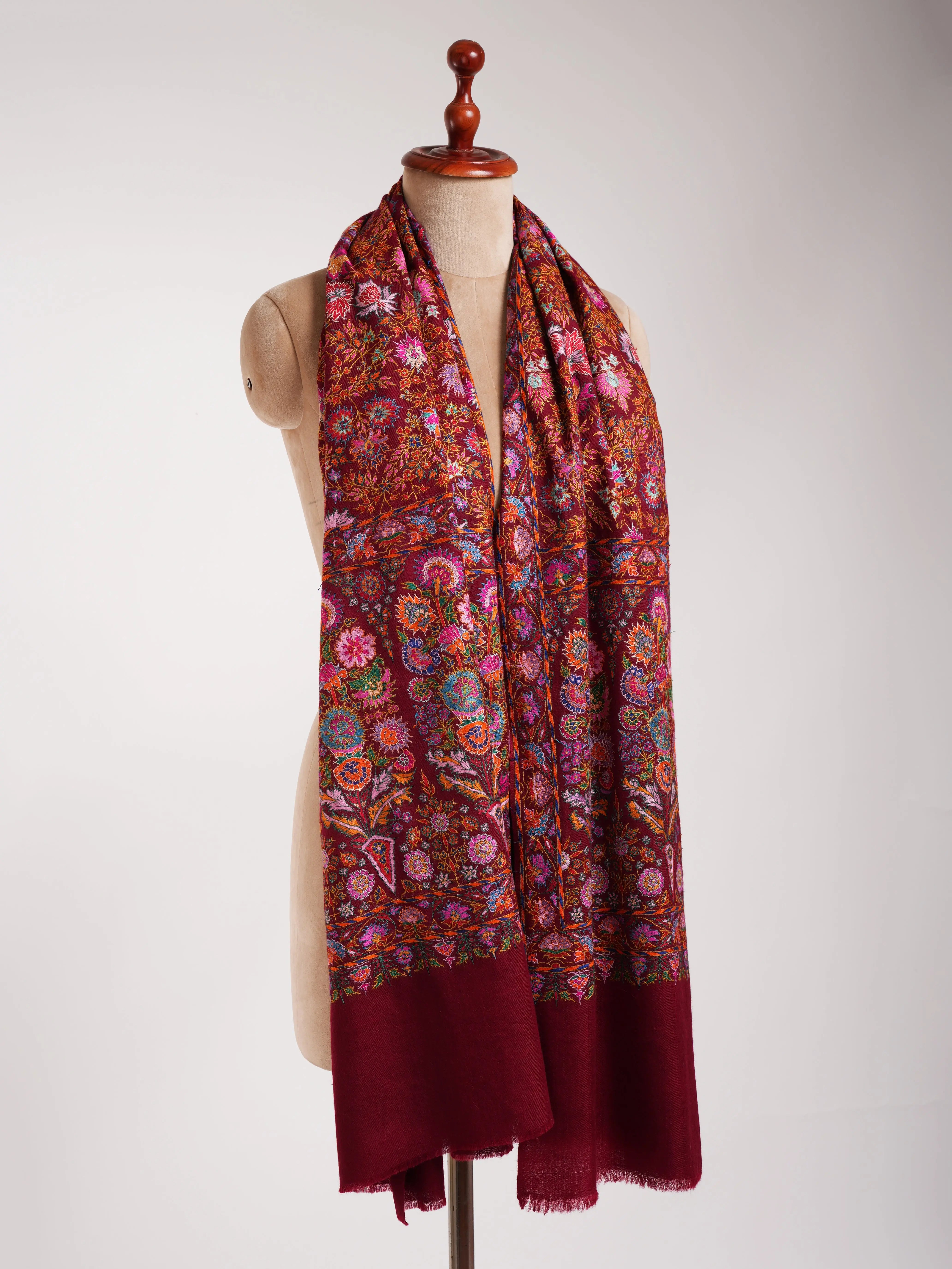 Maroon Hand Embroidered Pashmina Exclusive Jamavar Shawl Shahkaar