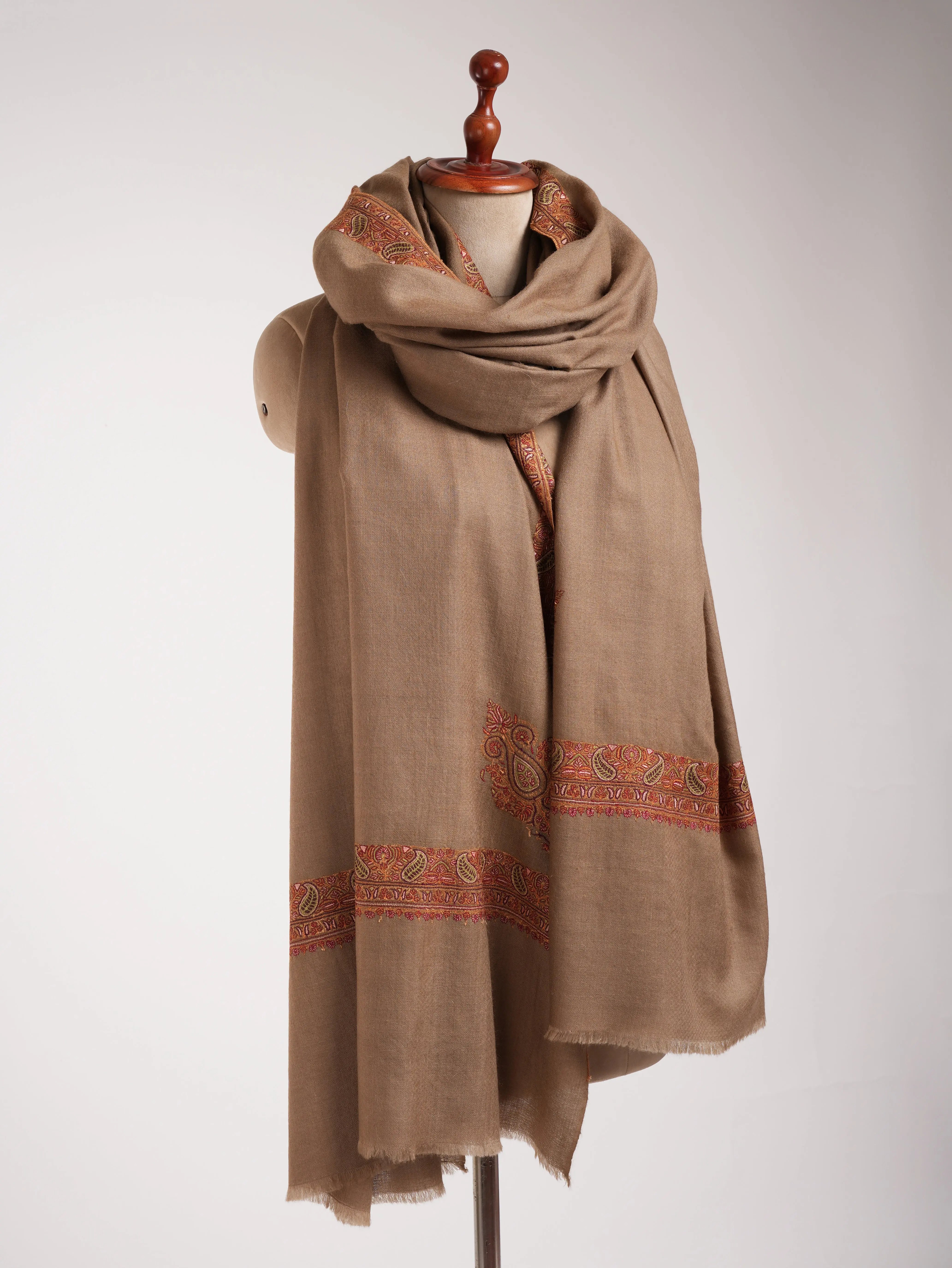 Mocha Mouse Sozni Daur Dar XL Kashmiri Pashmina Shawl Shahkaar
