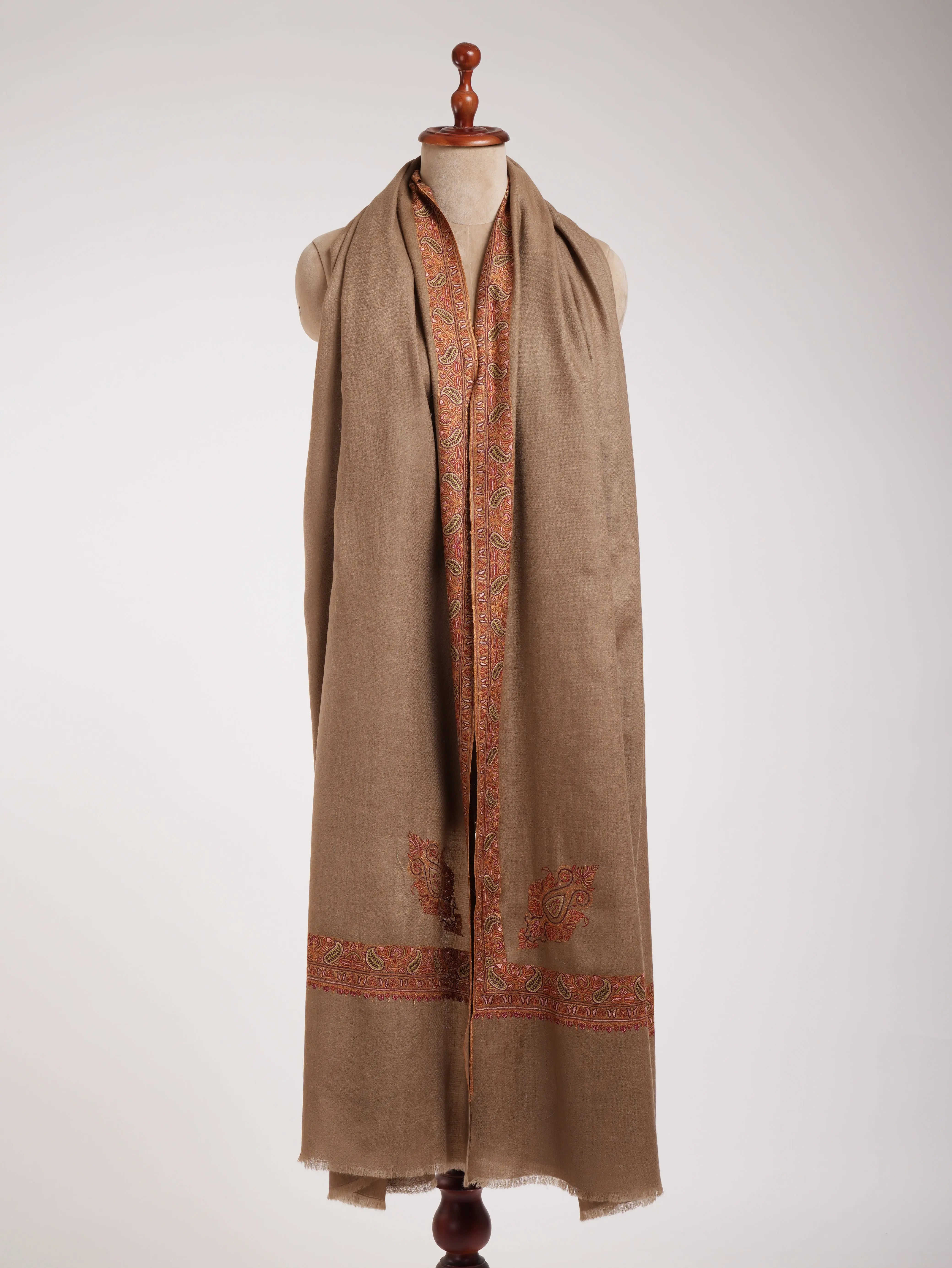 Mocha Mouse Sozni Daur Dar XL Kashmiri Pashmina Shawl Shahkaar