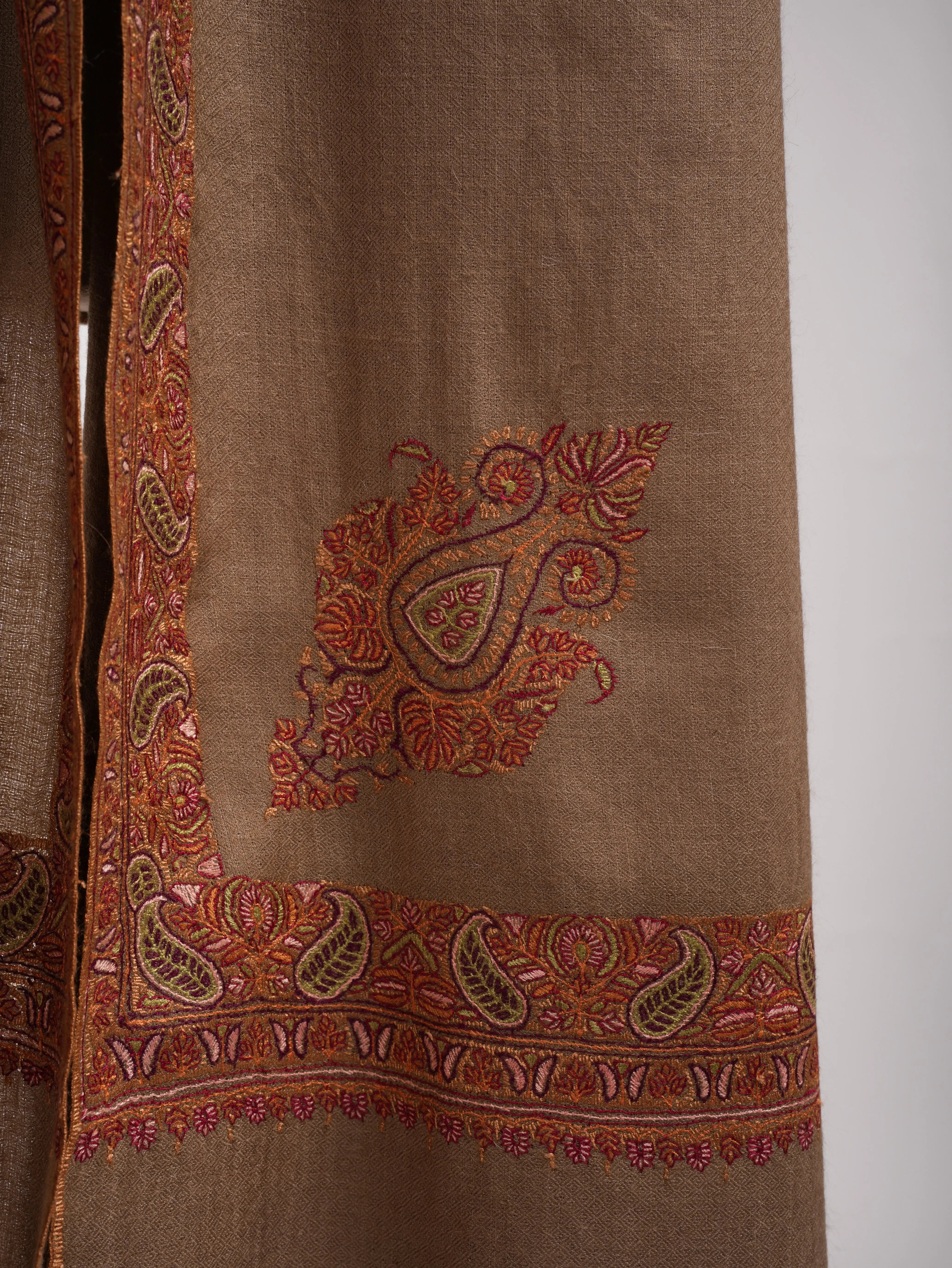 Mocha Mouse Sozni Daur Dar XL Kashmiri Pashmina Shawl Shahkaar