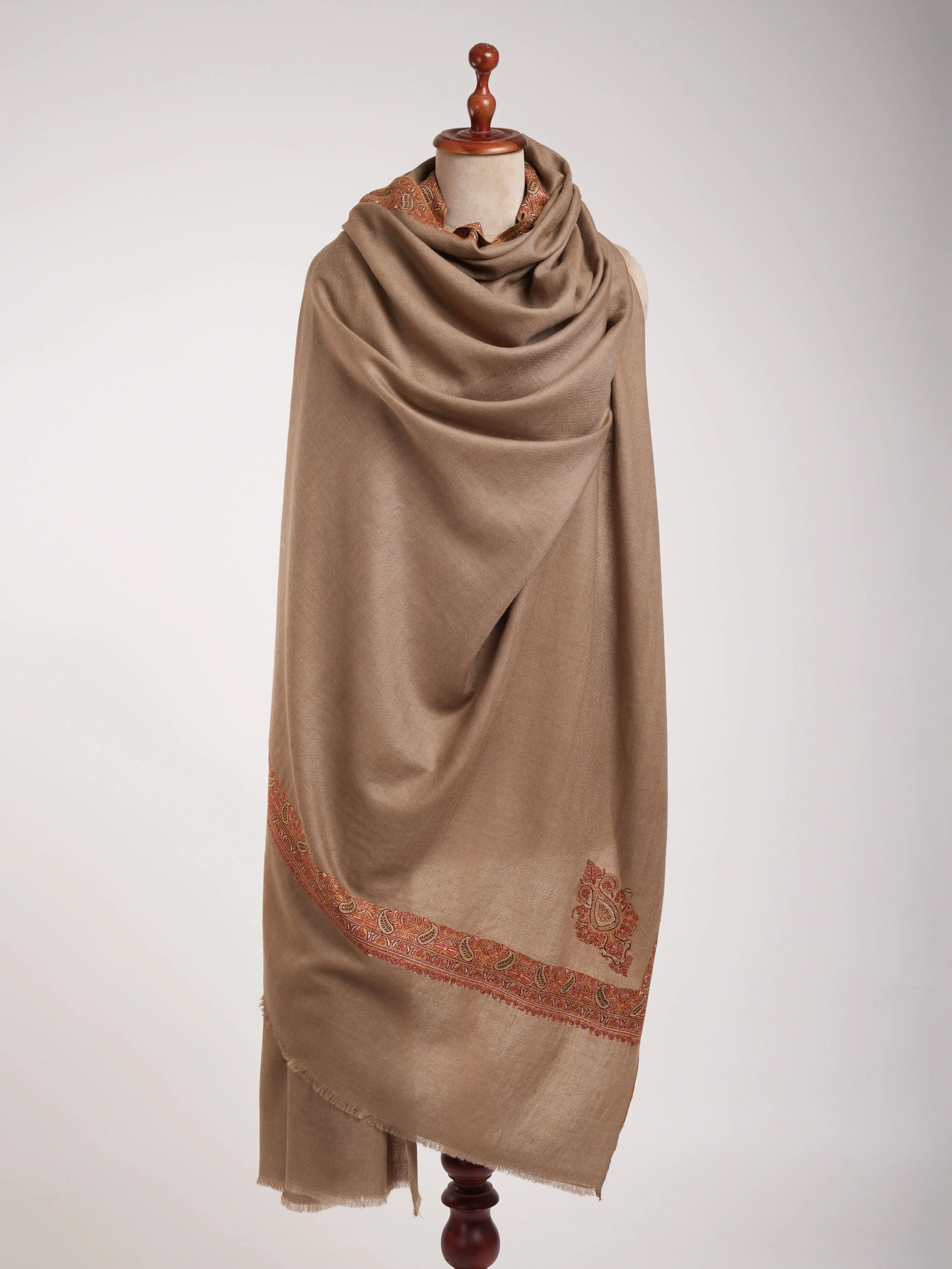 Mocha Mouse Sozni Daur Dar XL Kashmiri Pashmina Shawl Shahkaar