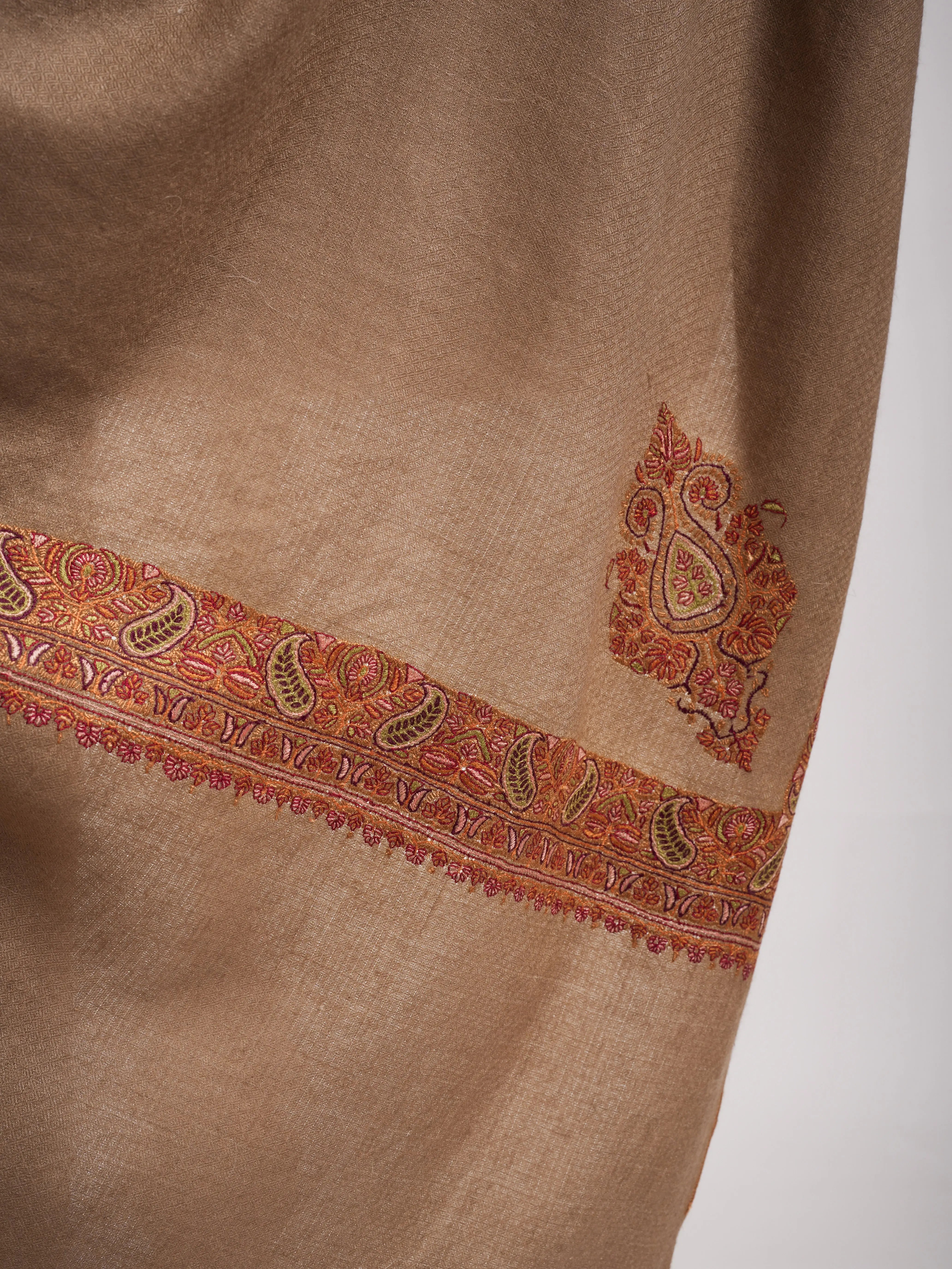 Mocha Mouse Sozni Daur Dar XL Kashmiri Pashmina Shawl Shahkaar