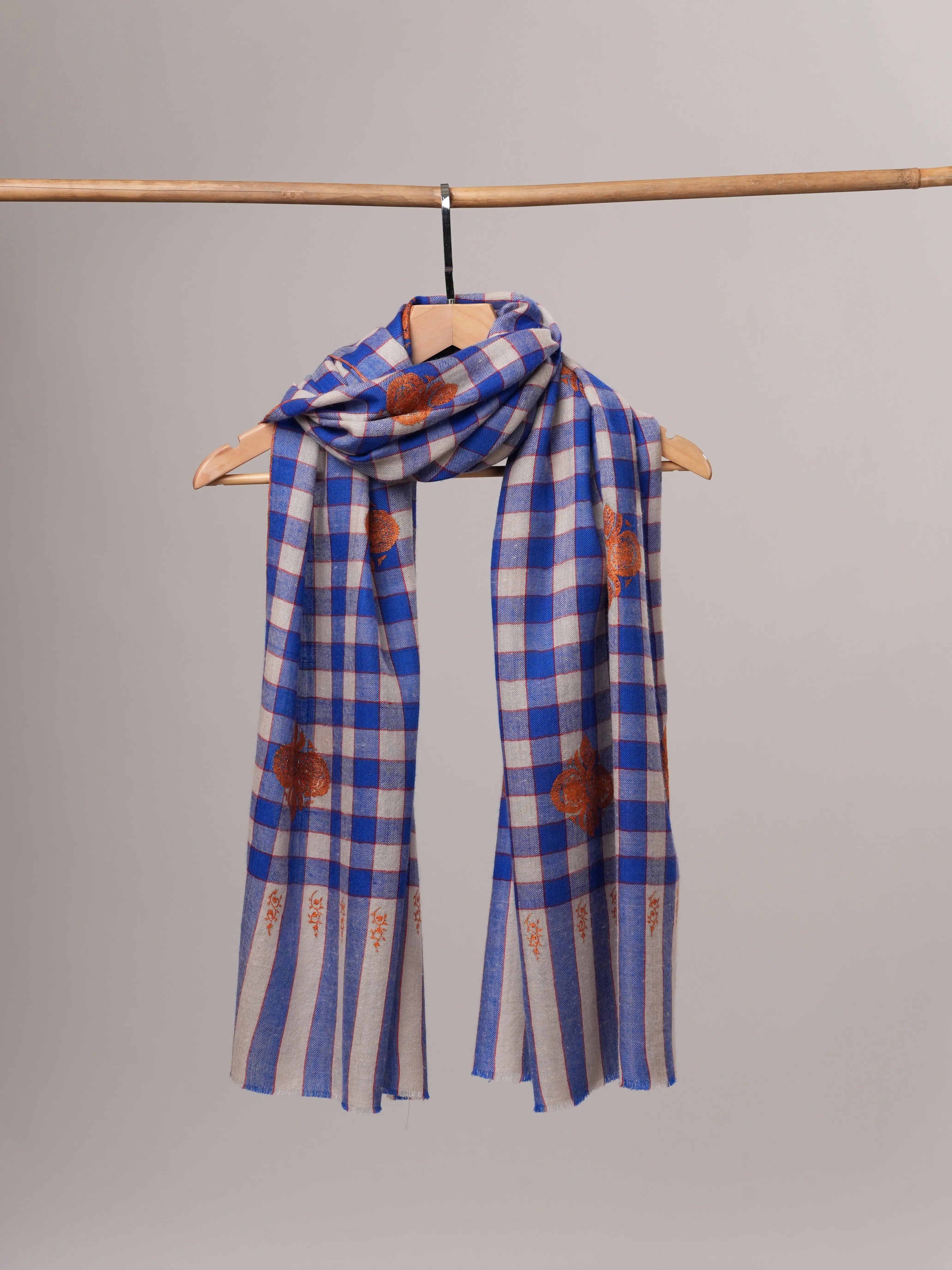 Modern Checked Cashmere Scarf with Traditional Buteh Embroidery Shahkaar