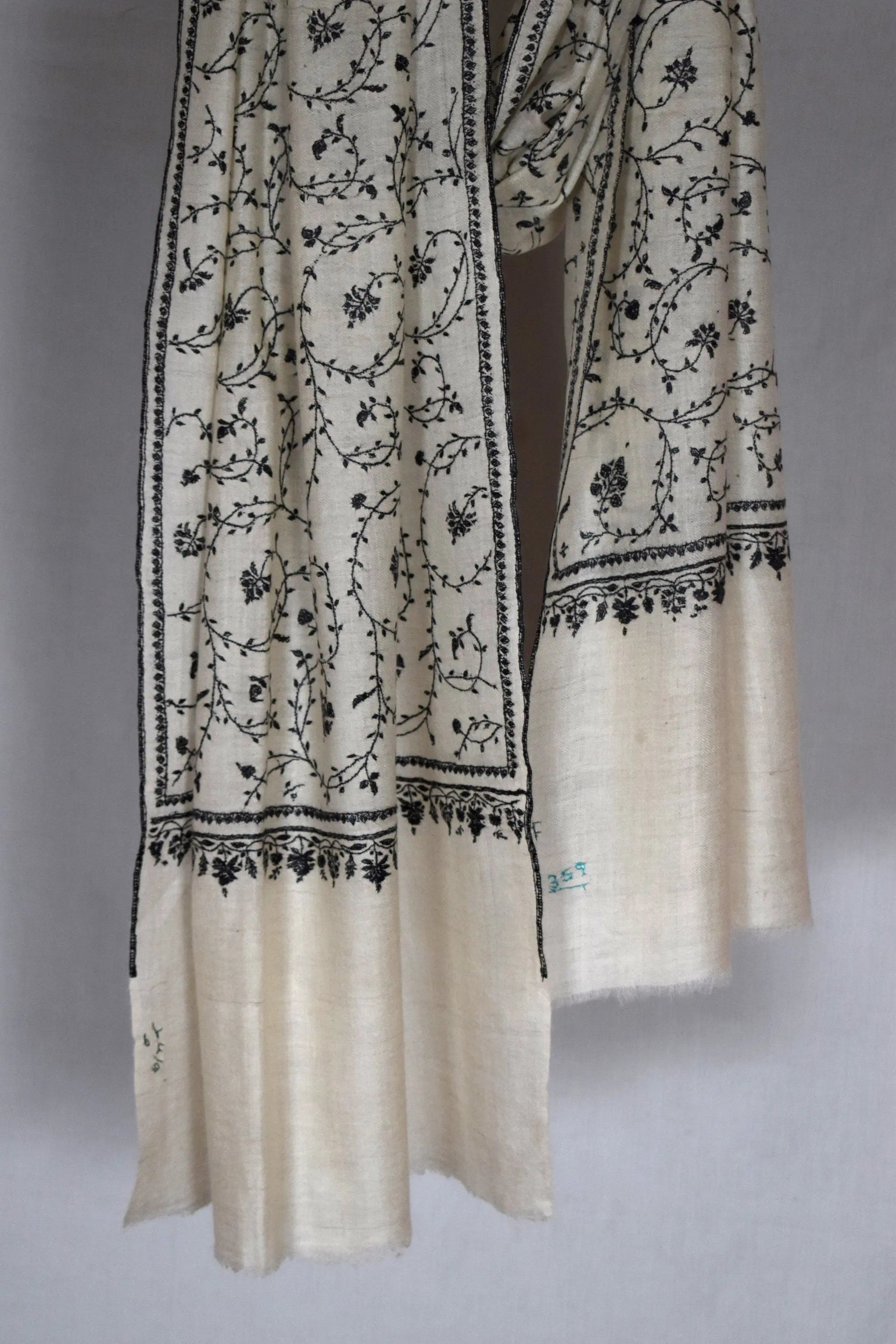 Monochrome Sozni Pure Pashmina/Cashmere Scarf Wrap Jali, Handwoven on Hand loom & Hand Embroided in Kashmir, Luxury, Masterpiece. Shahkaar