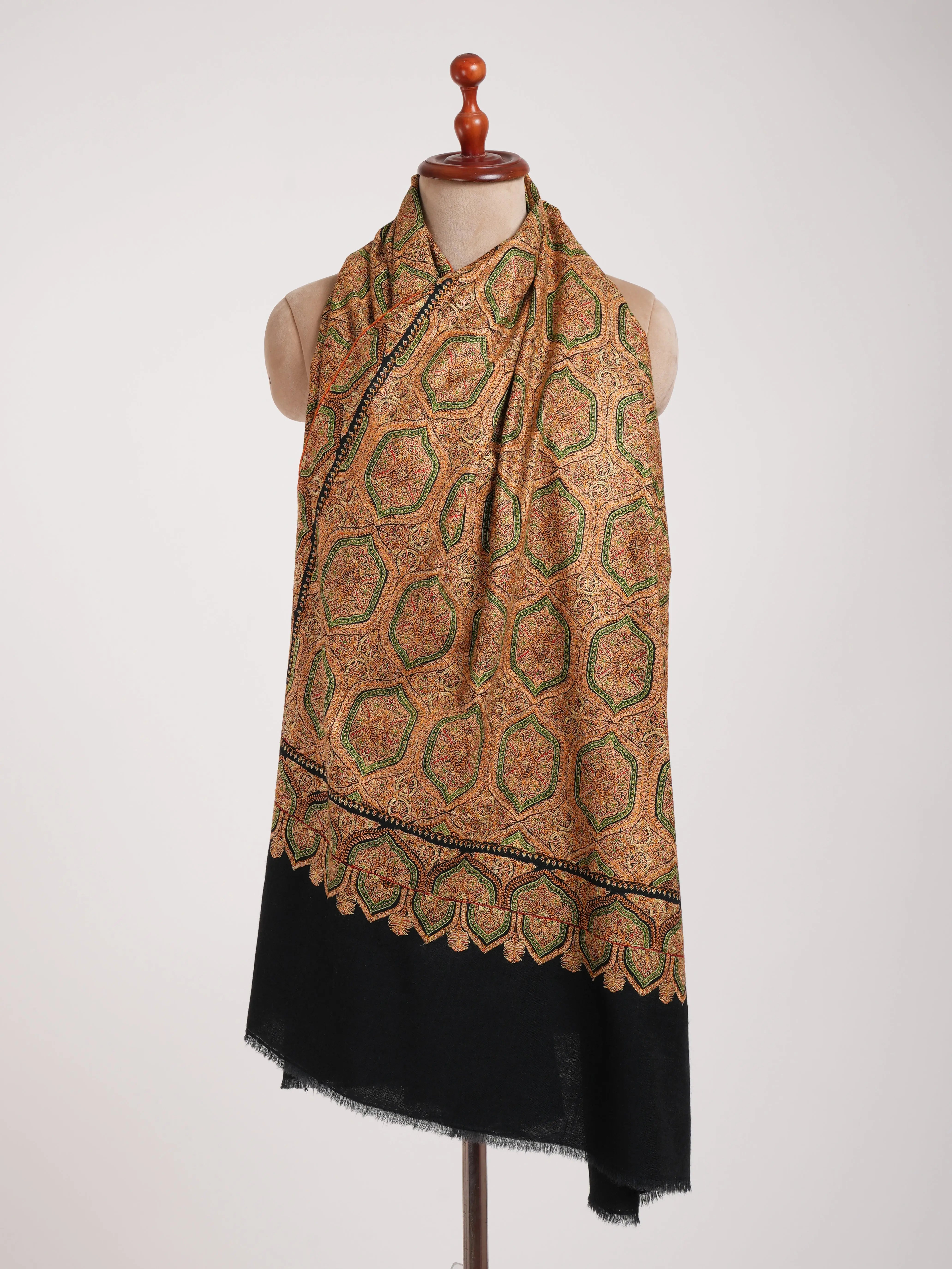 Mulberry Silk Embroidered Sozni Black Pashmina Jamavar Shawl Shahkaar