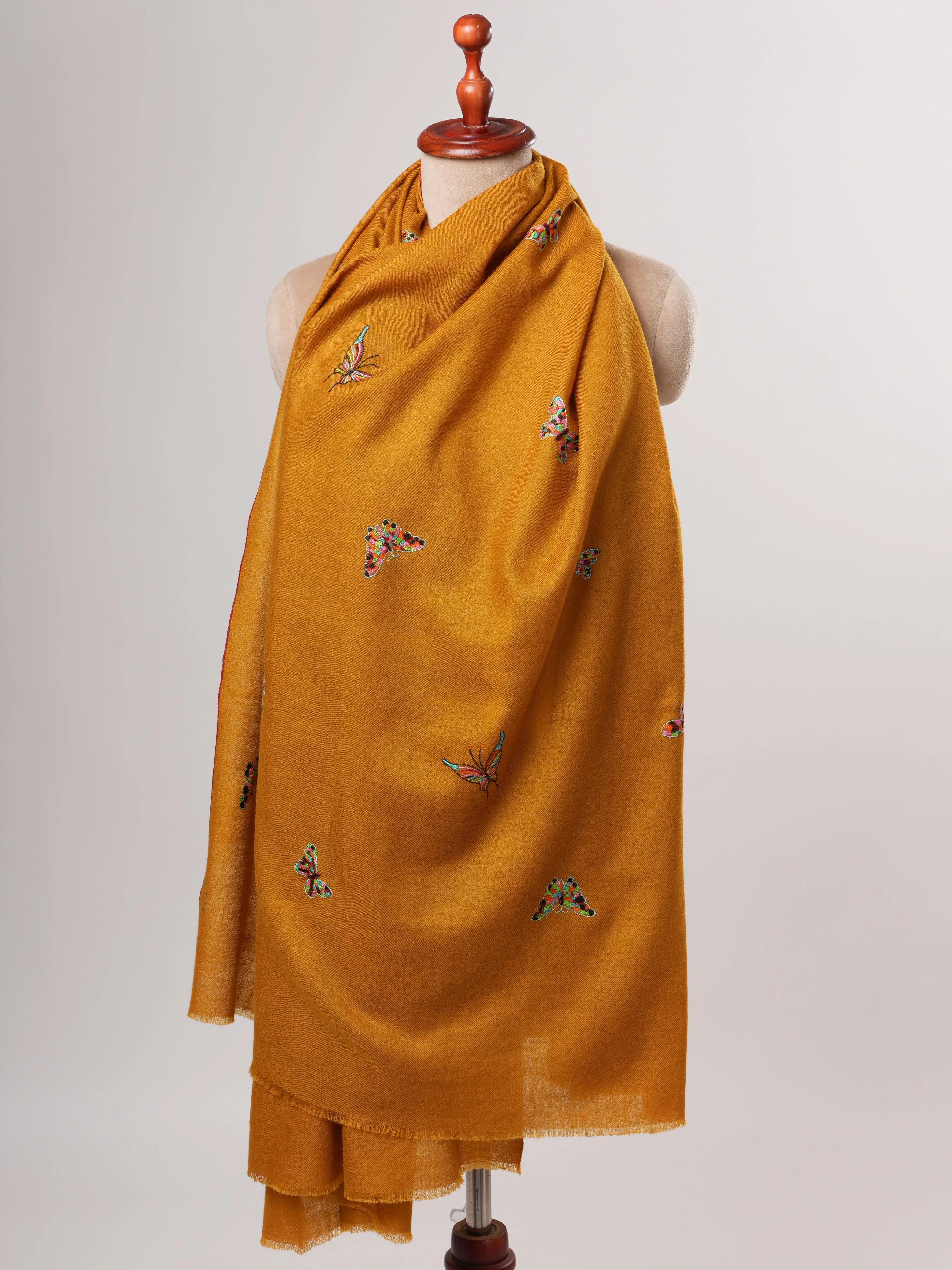 Mustard Handwoven Pashmina Shawl with Butterfly Hand Embroidery Shahkaar