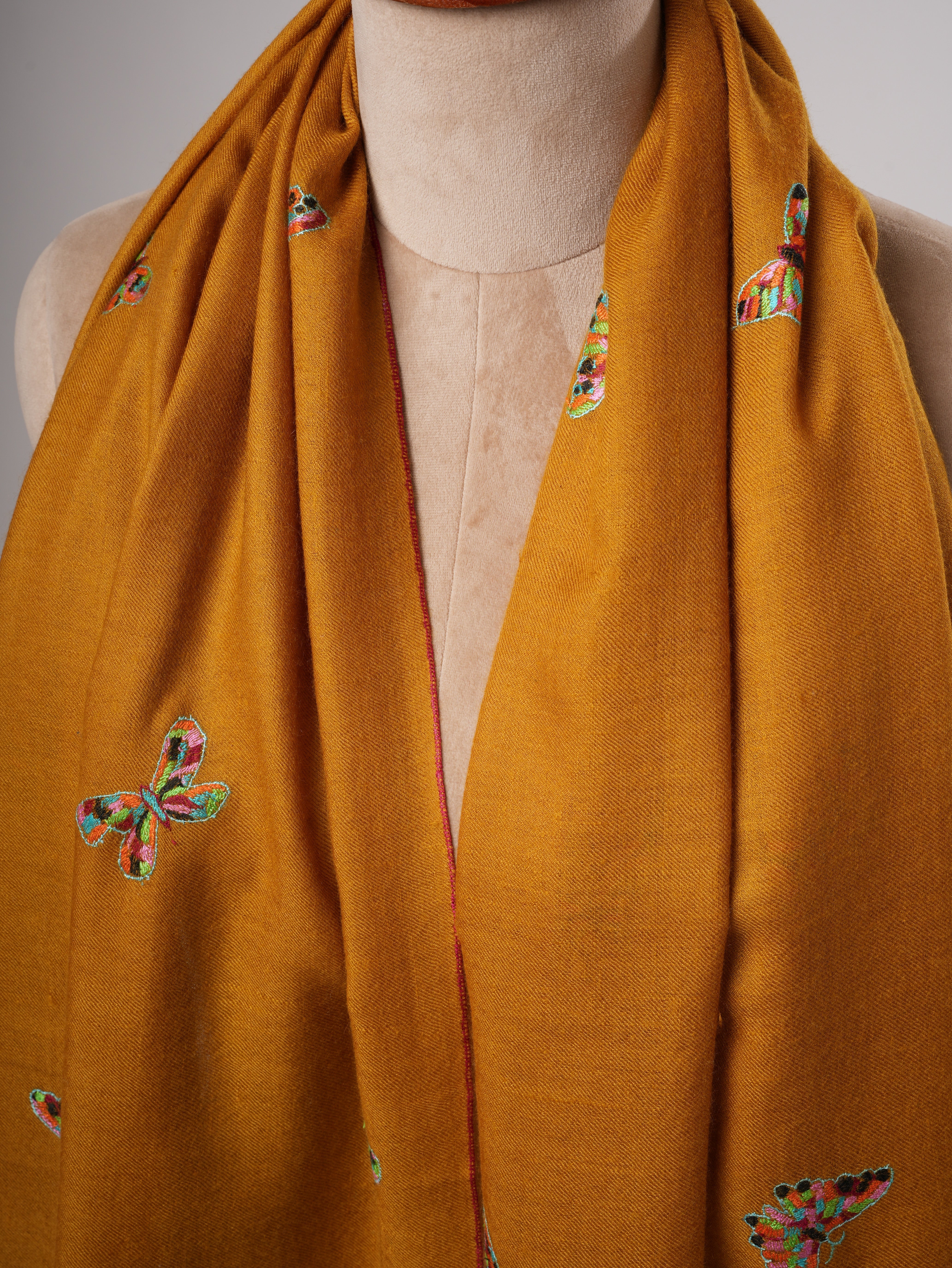 Mustard Handwoven Pashmina Shawl with Butterfly Hand Embroidery Shahkaar