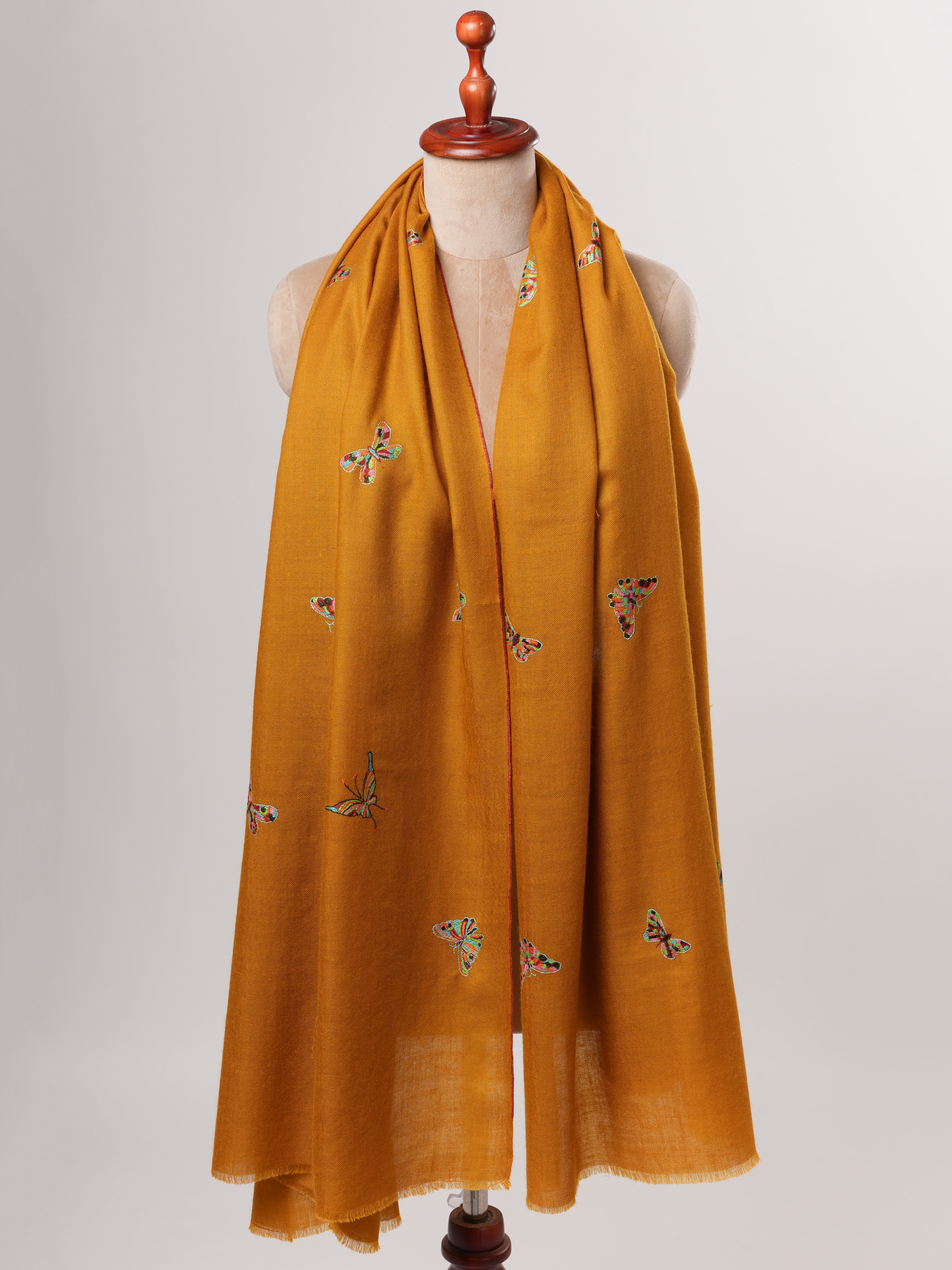 Mustard Handwoven Pashmina Shawl with Butterfly Hand Embroidery Shahkaar