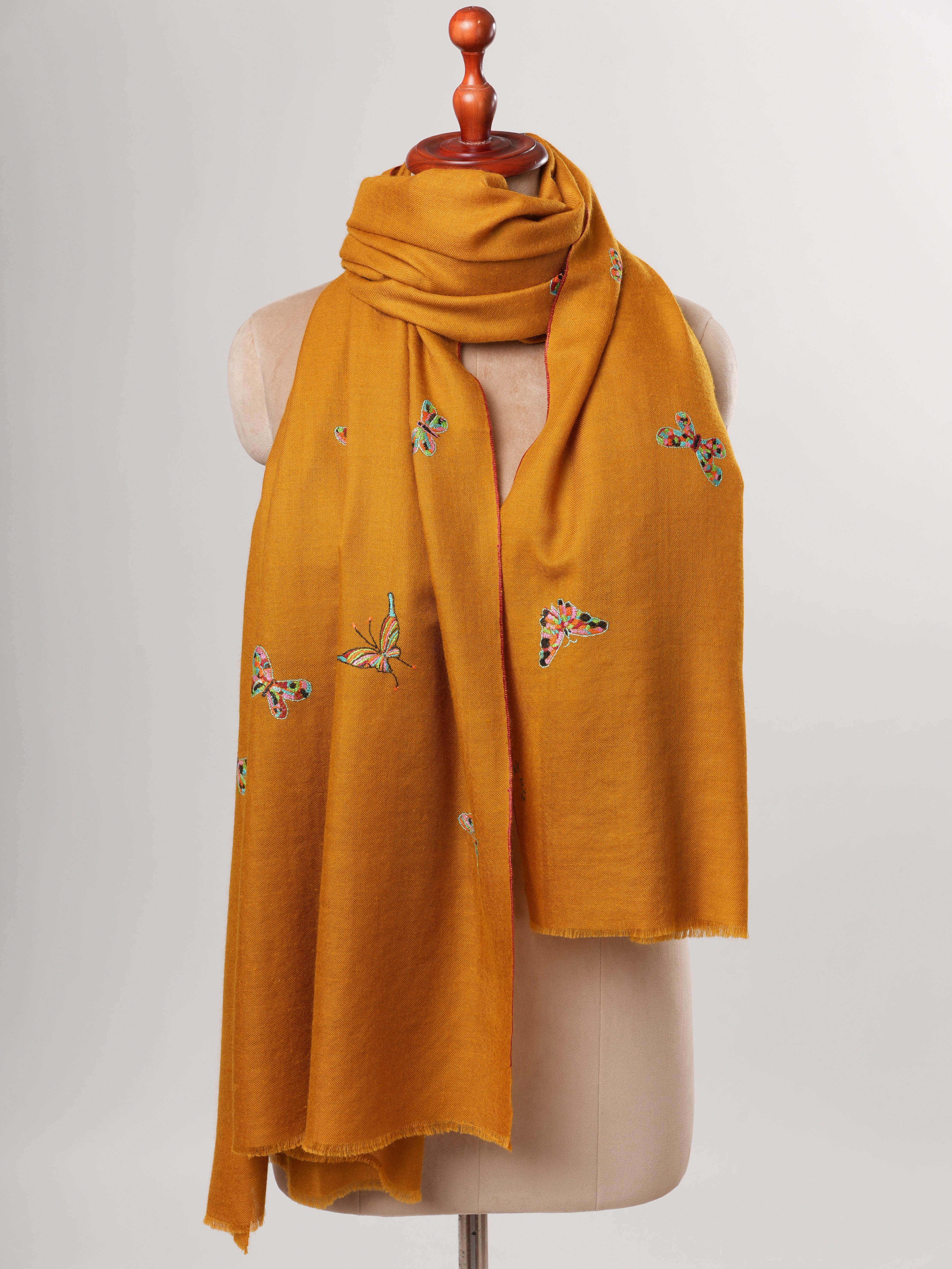 Mustard Handwoven Pashmina Shawl with Butterfly Hand Embroidery Shahkaar