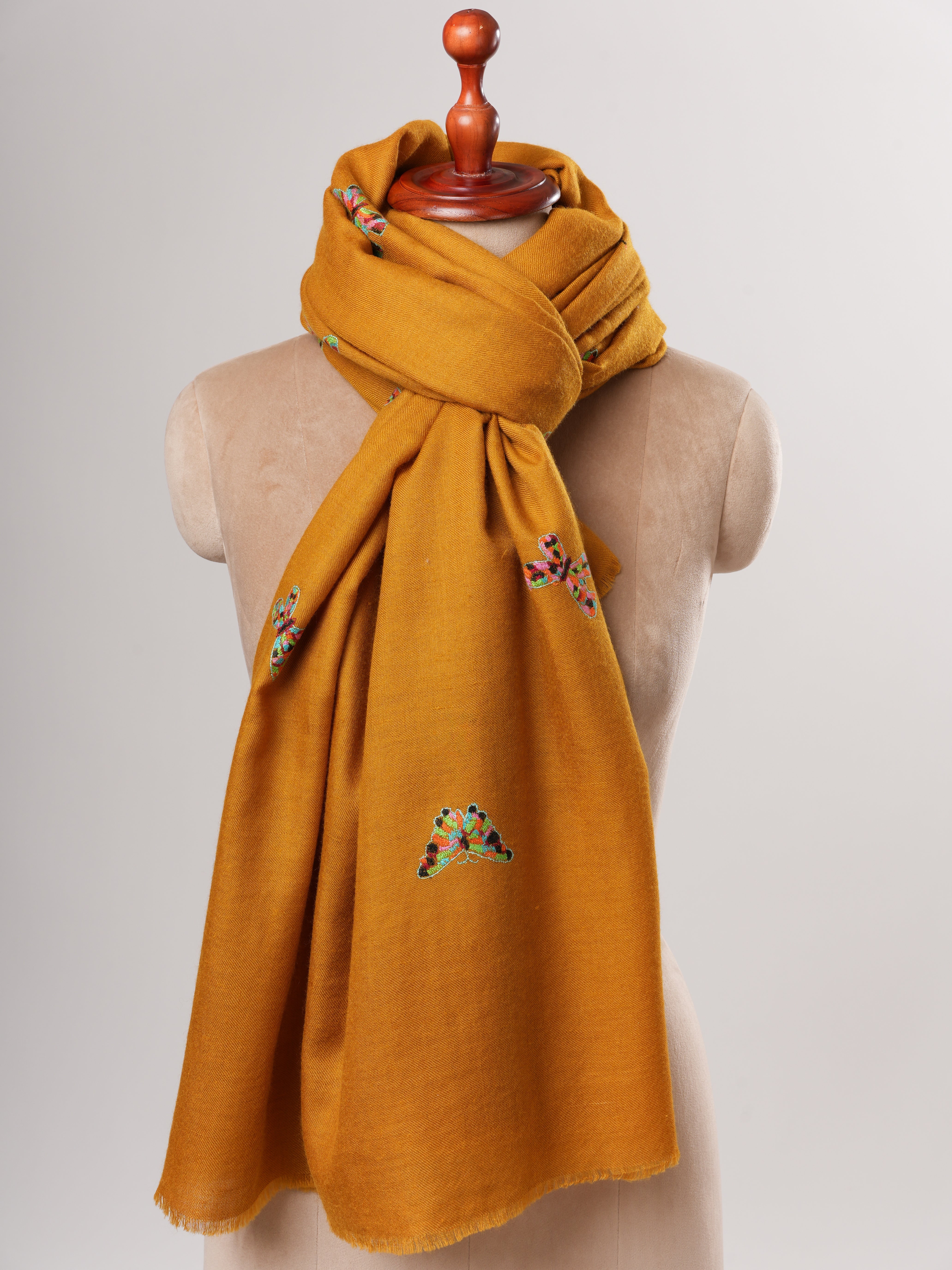 Mustard Handwoven Pashmina Shawl with Butterfly Hand Embroidery Shahkaar