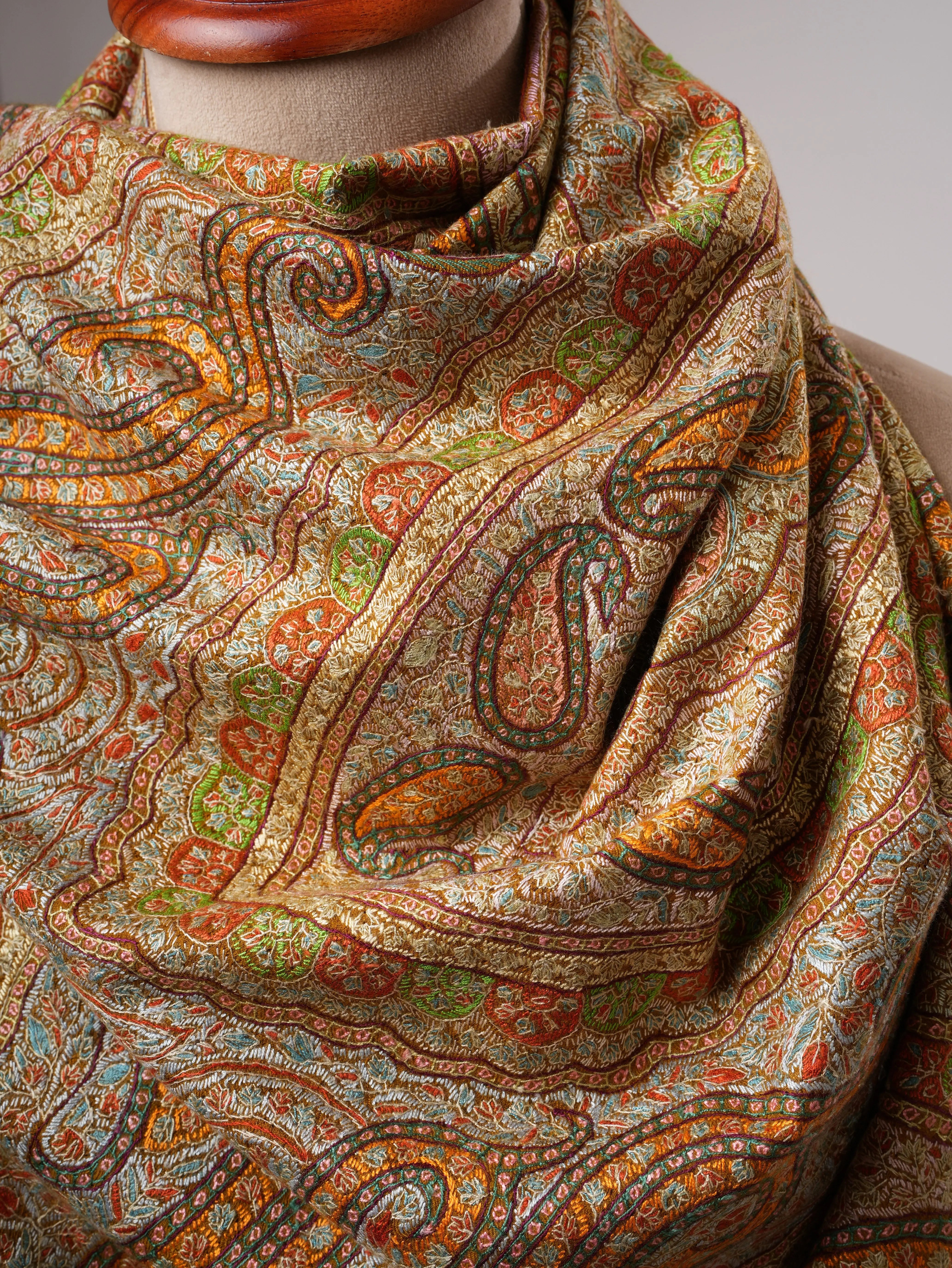 Mustard Kashmiri Pashmina Shawl with Detailed Hand Embroidery Shahkaar