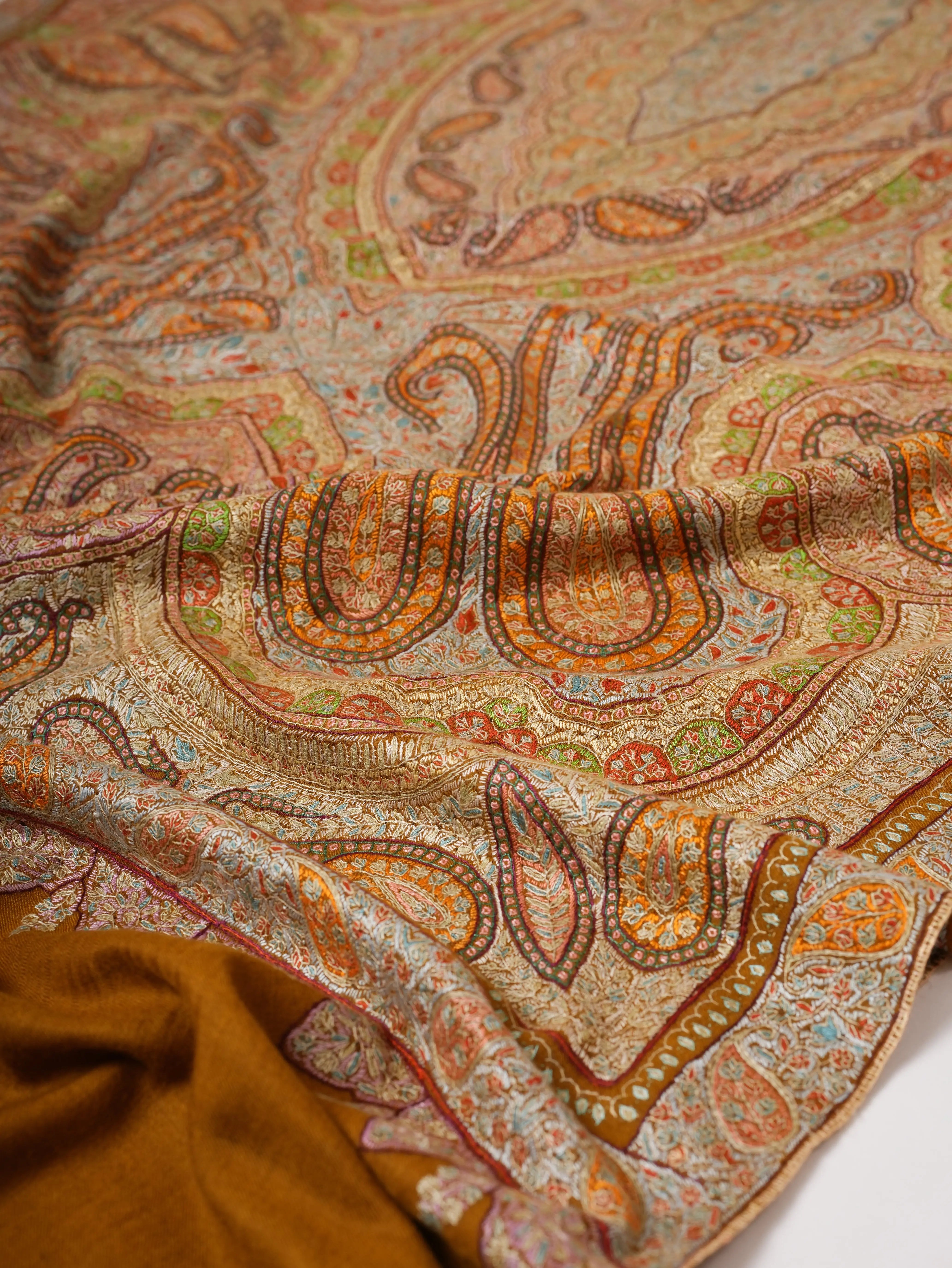 Mustard Kashmiri Pashmina Shawl with Detailed Hand Embroidery Shahkaar