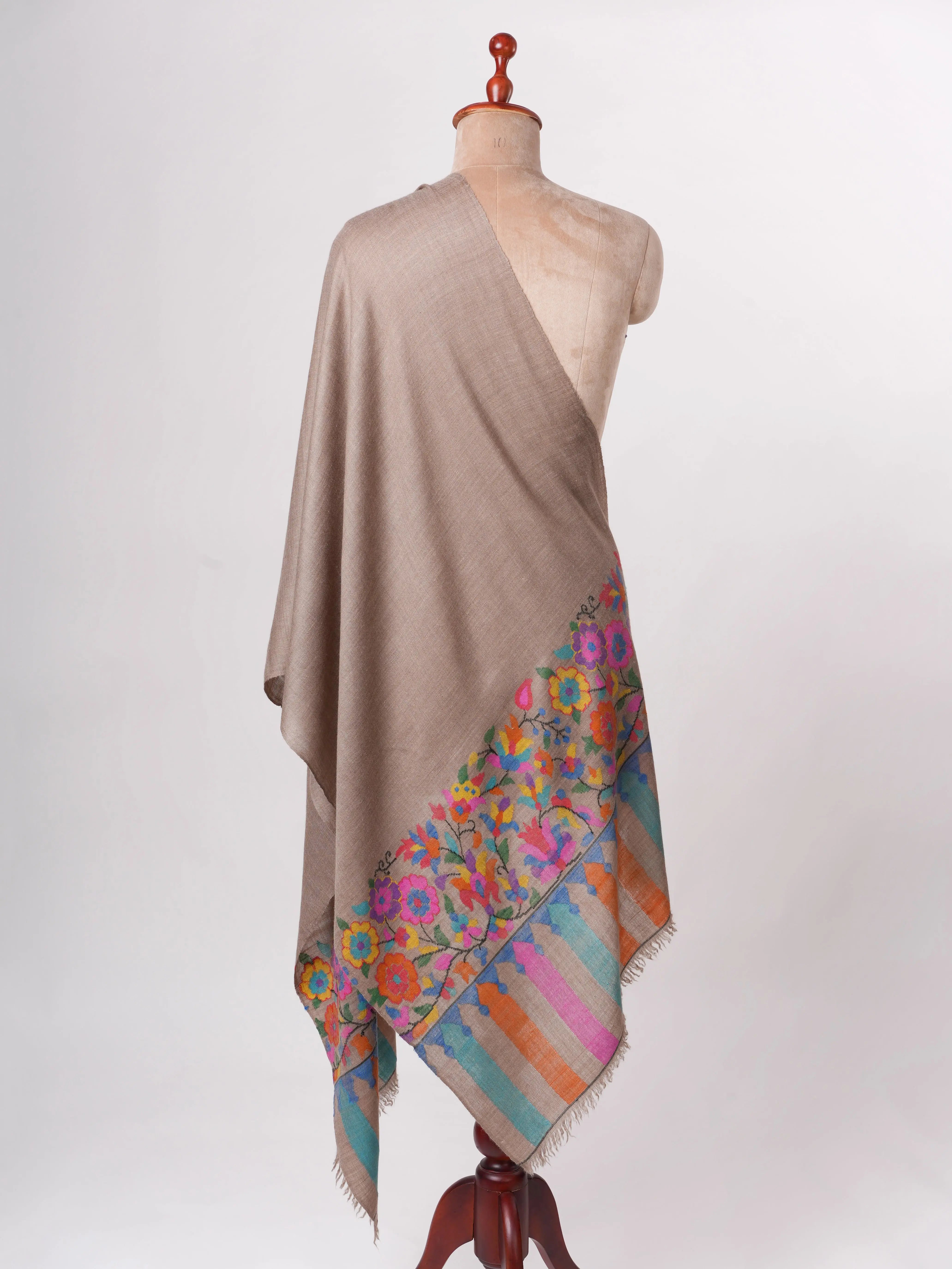 Natural Baby Soft Cashmere Scarf with Multicolor Kani Woven Palla Shahkaar