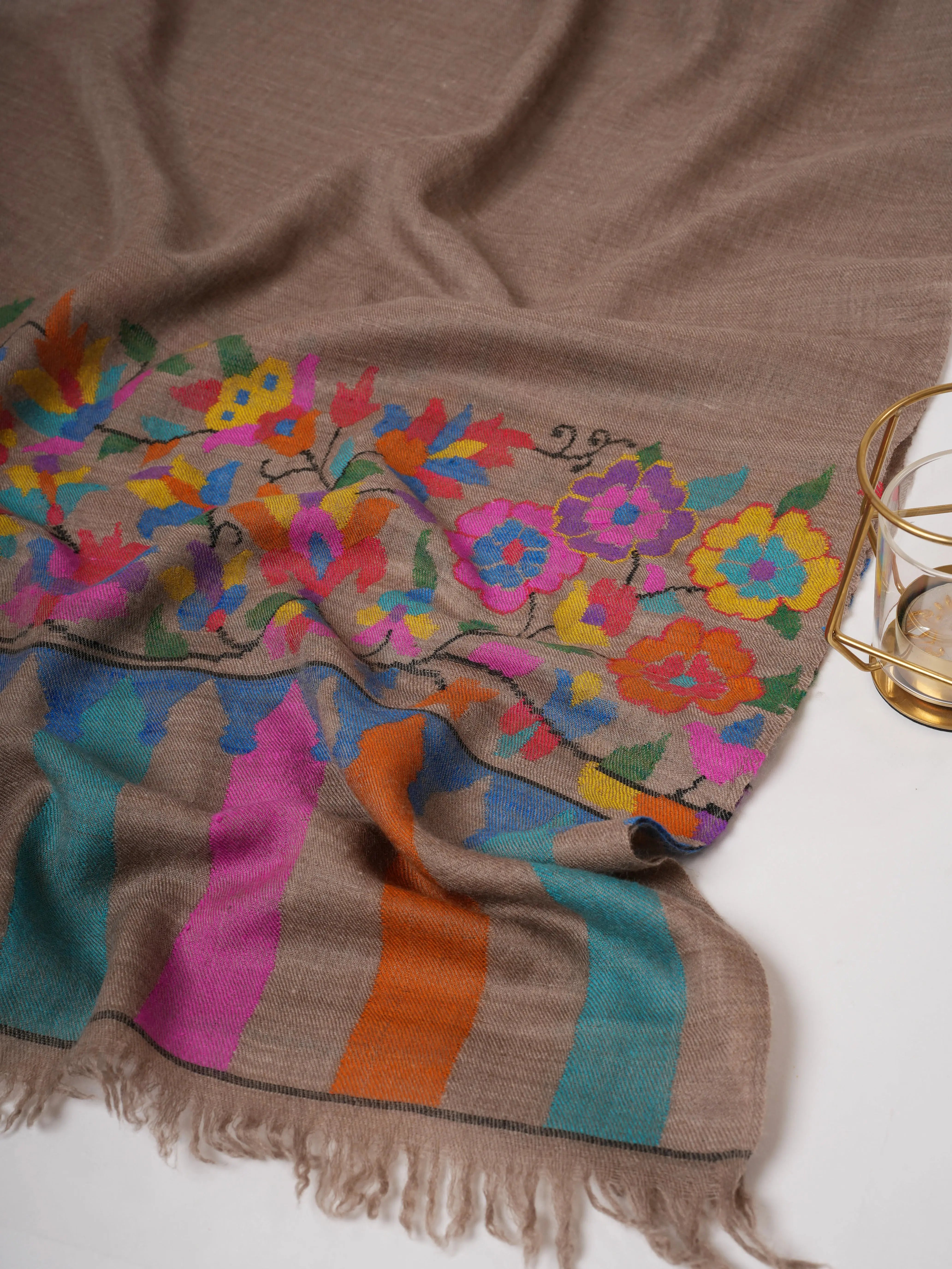 Natural Baby Soft Cashmere Scarf with Multicolor Kani Woven Palla Shahkaar