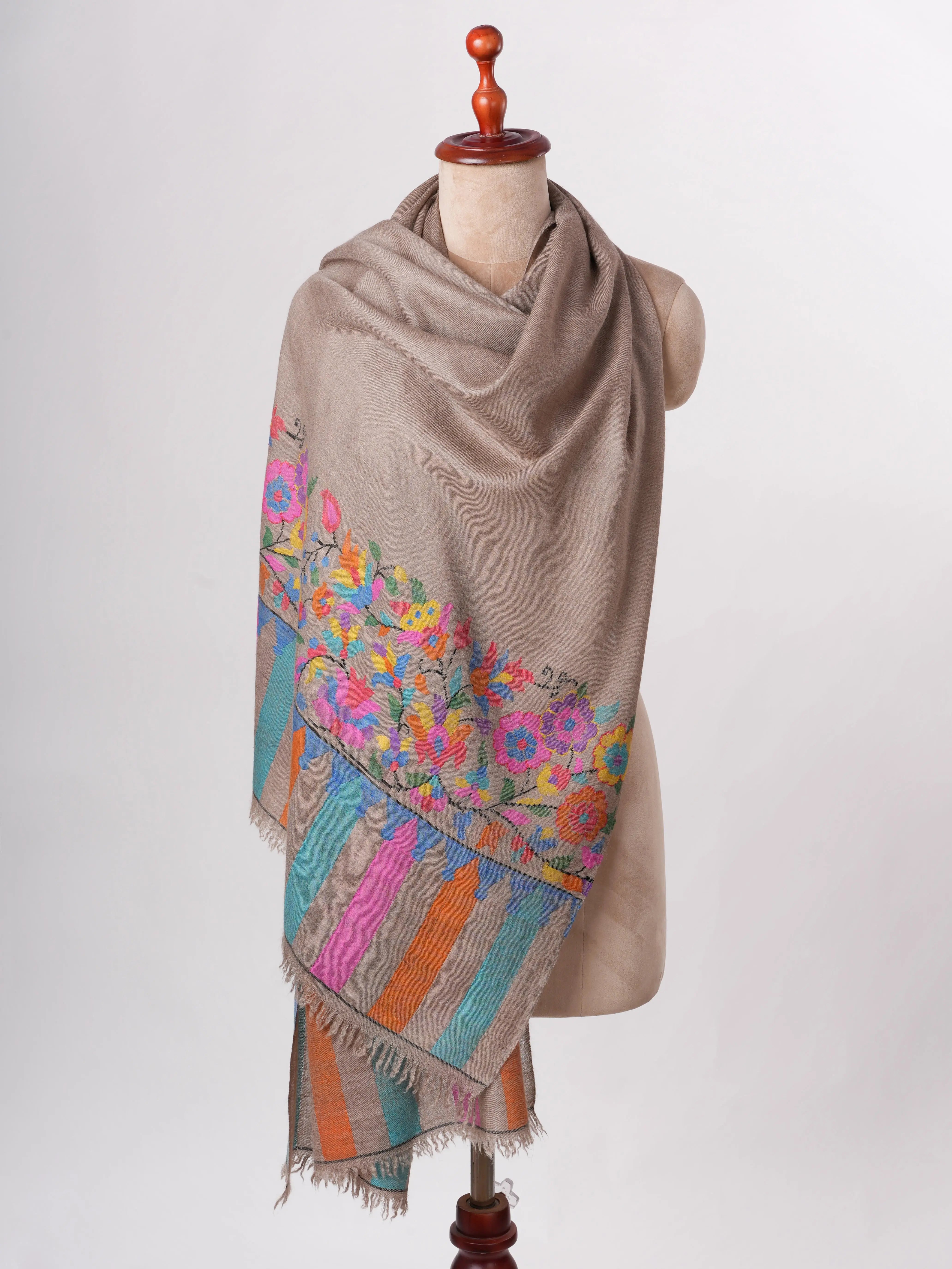 Natural Baby Soft Cashmere Scarf with Multicolor Kani Woven Palla Shahkaar