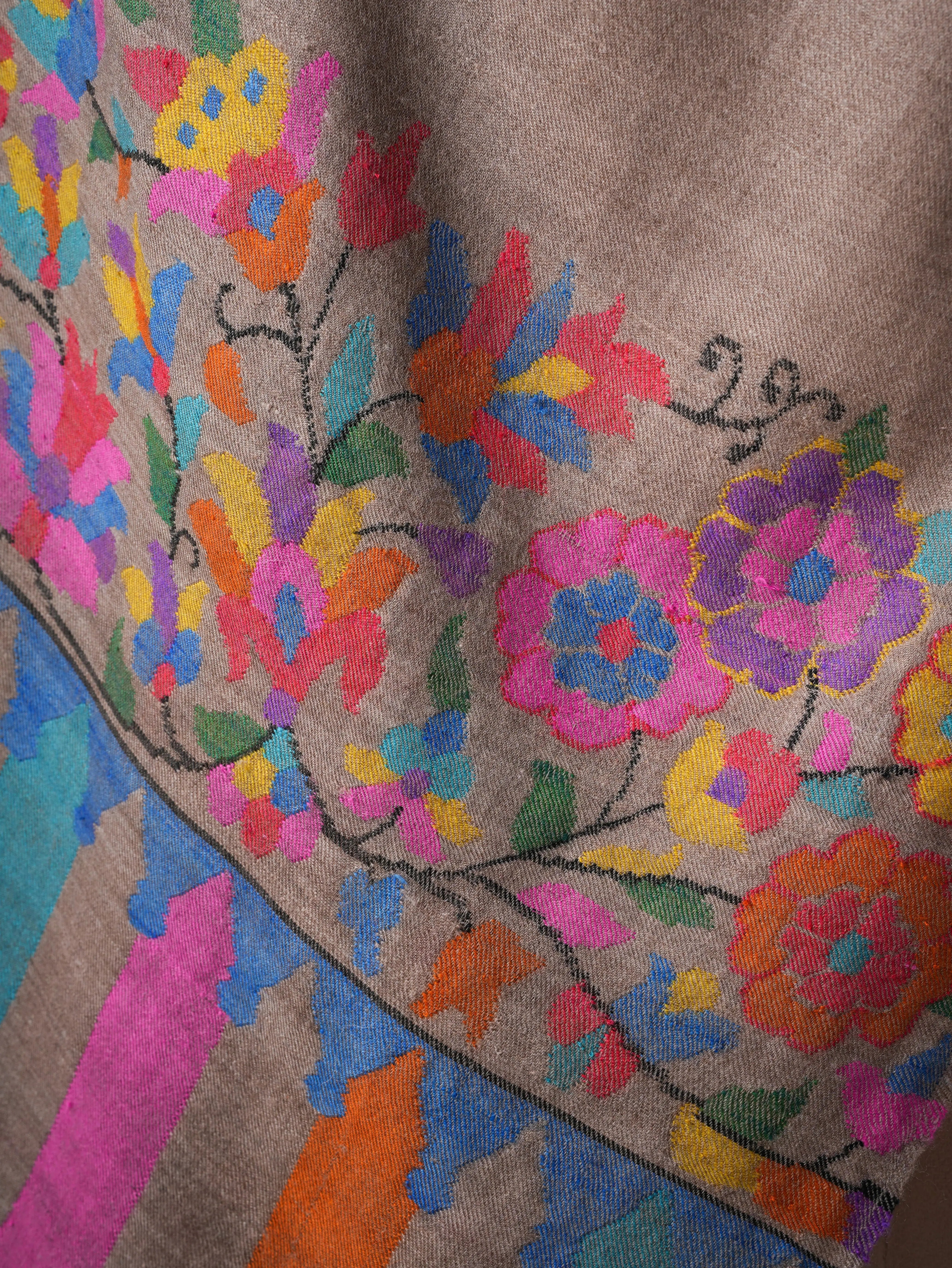 Natural Baby Soft Cashmere Scarf with Multicolor Kani Woven Palla Shahkaar