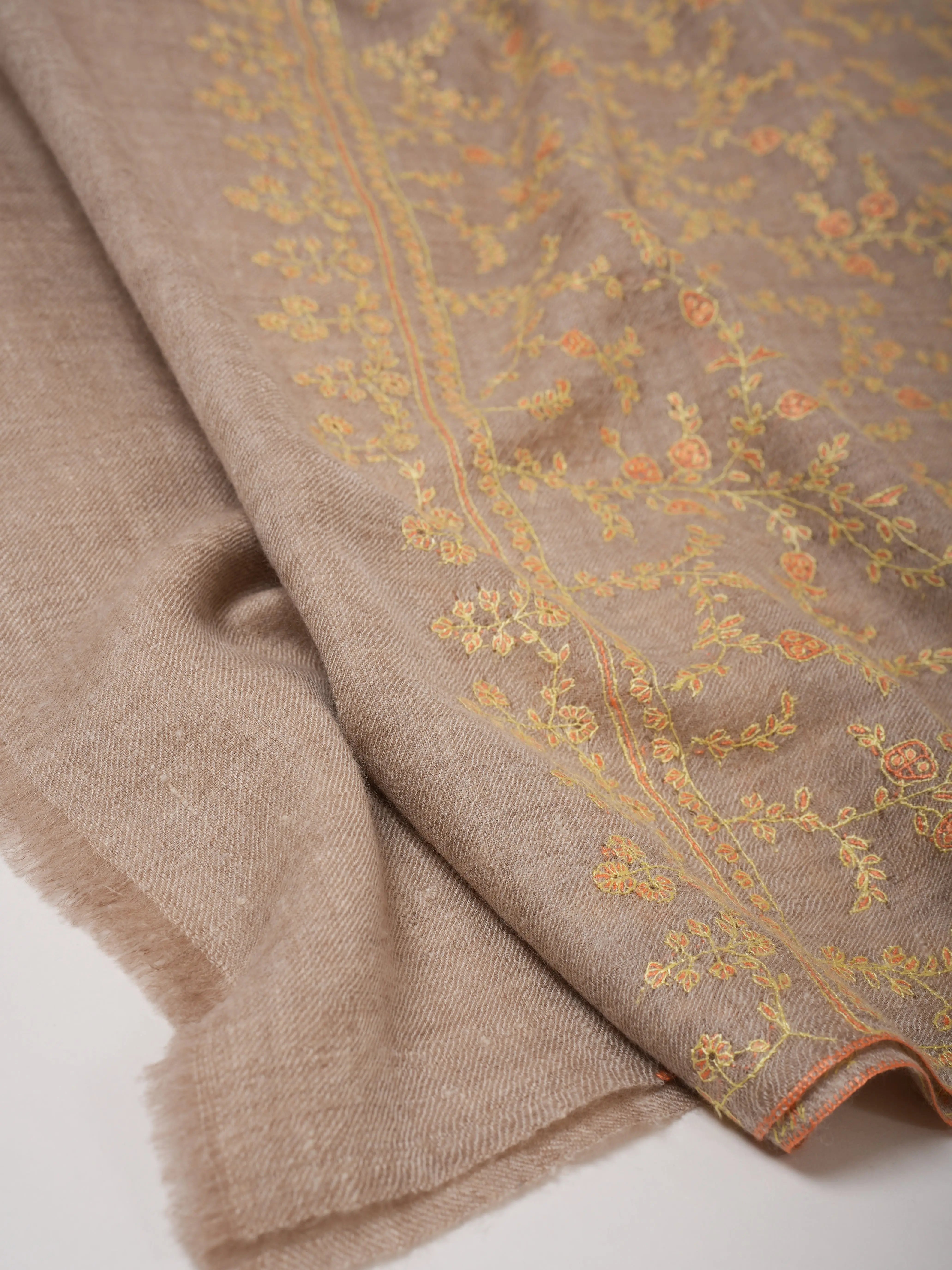 Natural Beige Cashmere Scarf with Sozni Needlework Shahkaar
