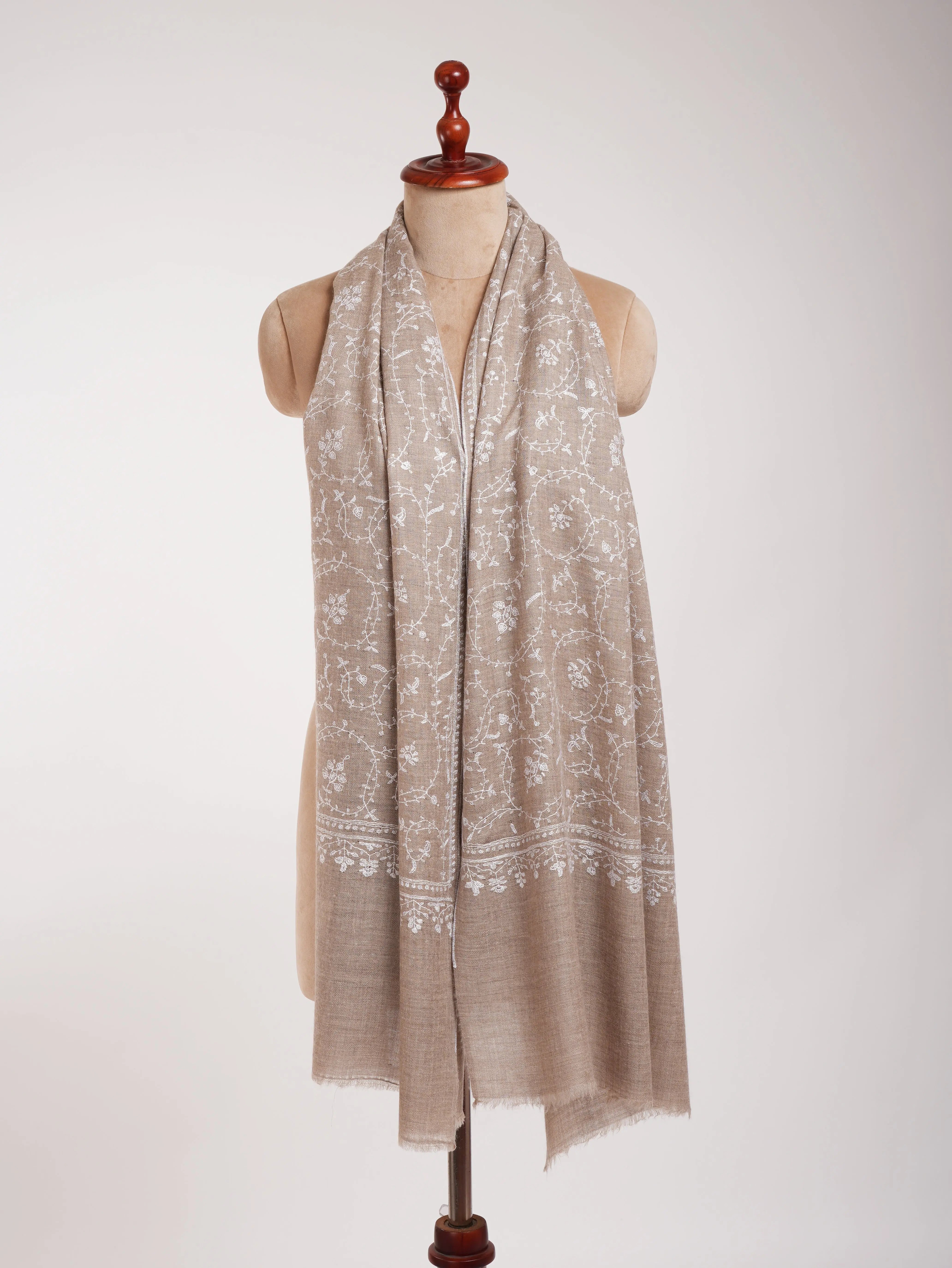 Natural Beige Cashmere Scarf with White Sozni Embroidery Shahkaar