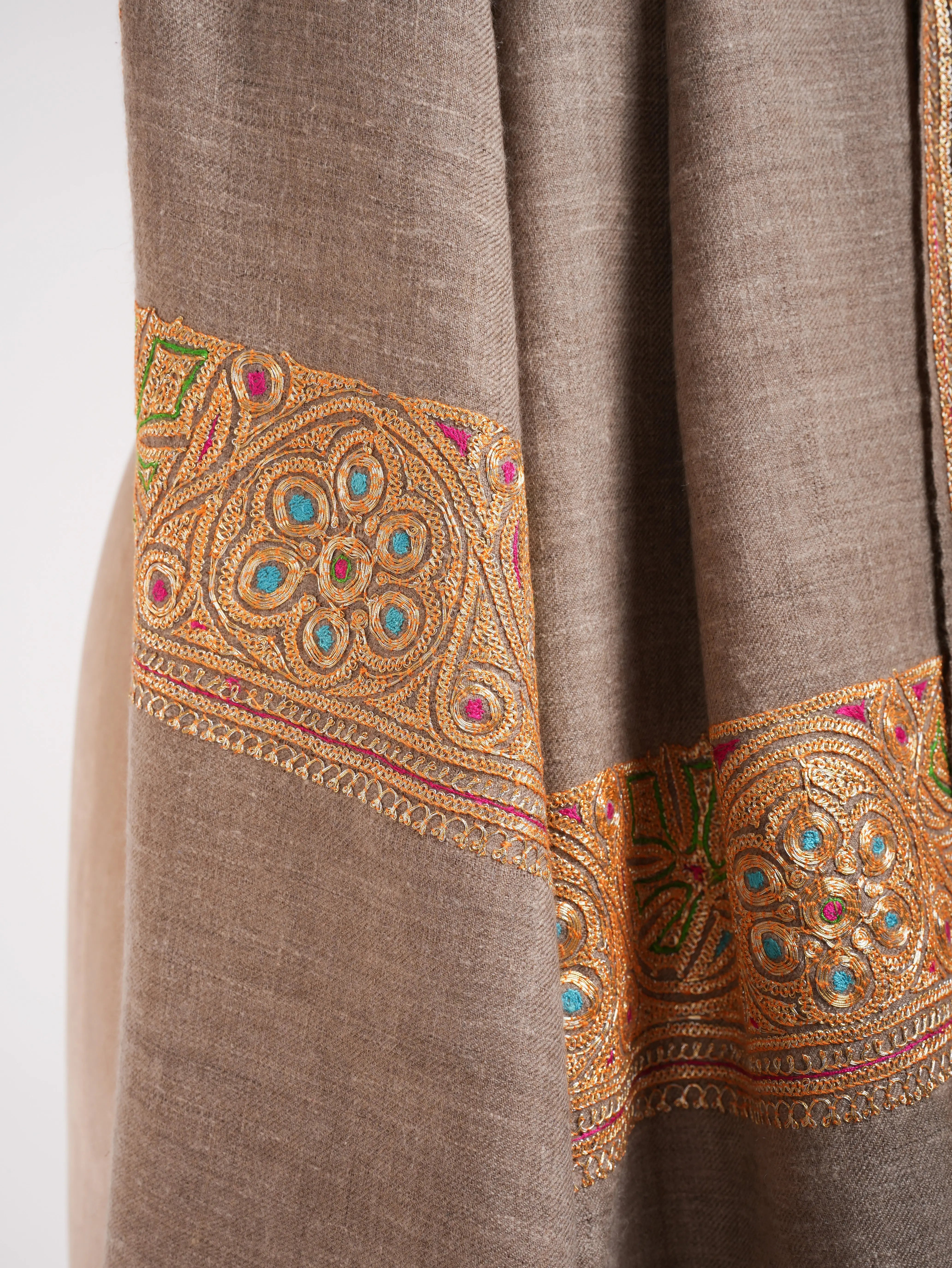 Natural Beige Gold Tilla Embroidered Pashmina Shawl Shahkaar