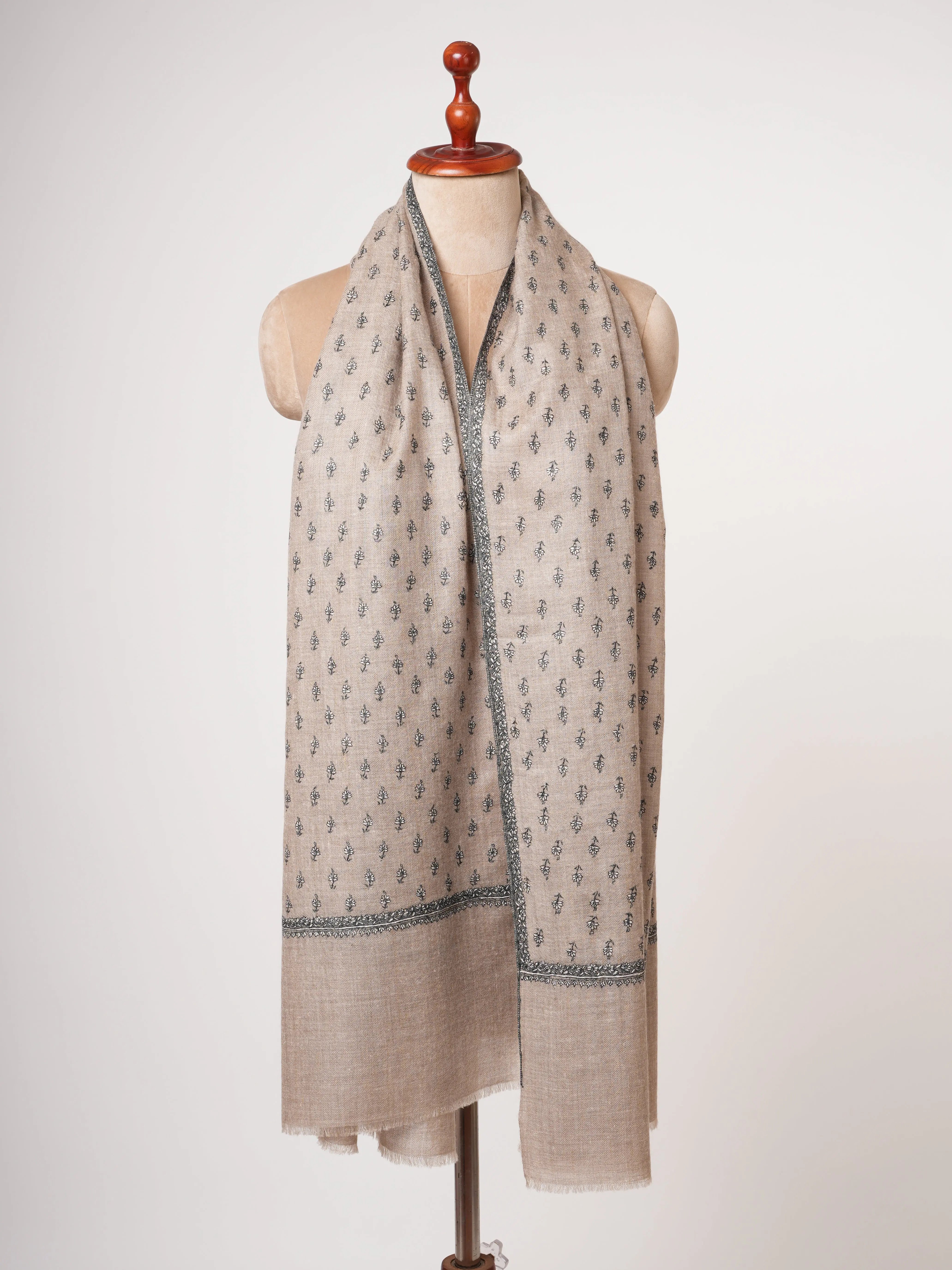 Natural Beige Handwoven Cashmere Scarf with All-Over Buti Embroidery Shahkaar