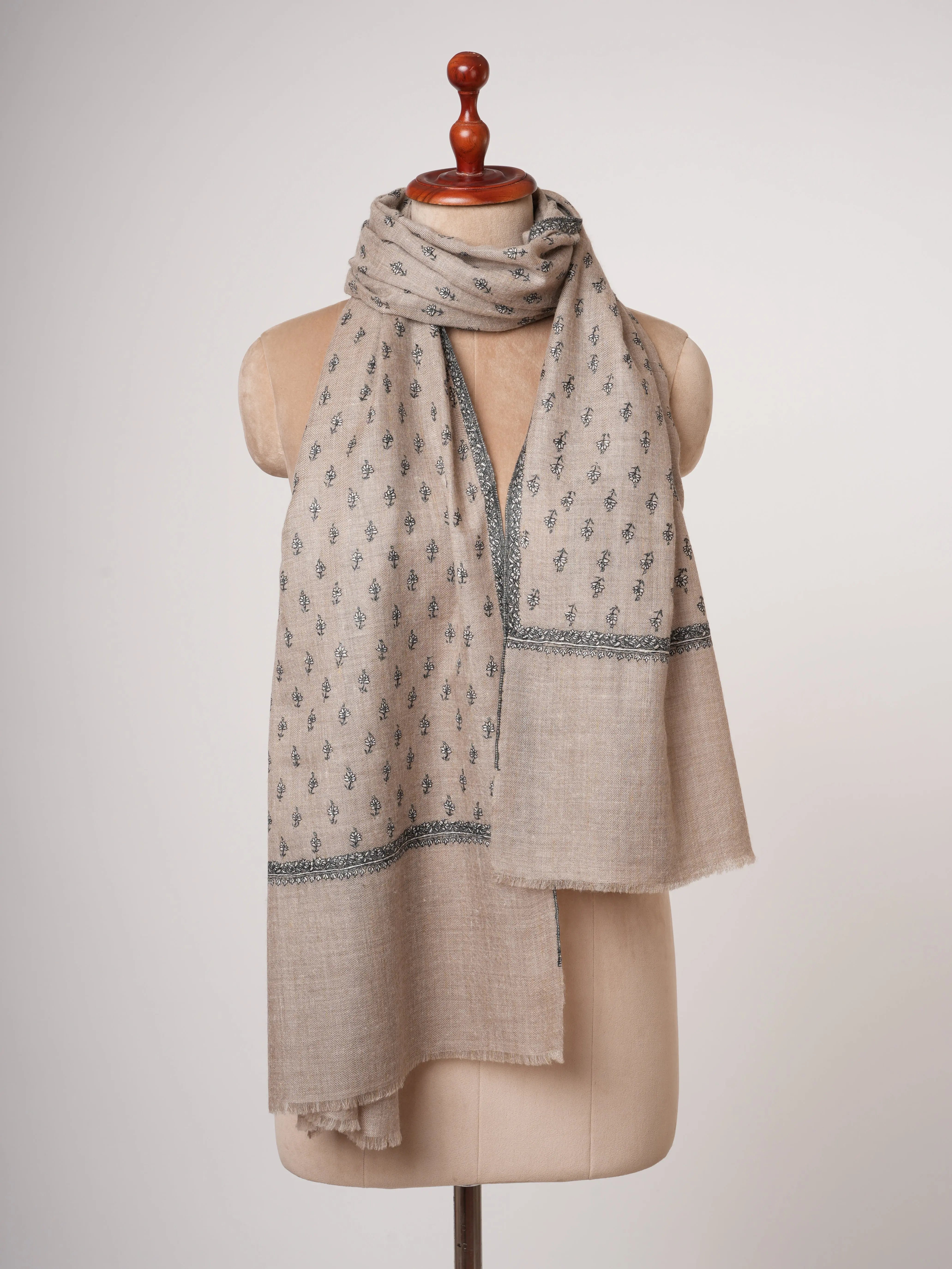 Natural Beige Handwoven Cashmere Scarf with All-Over Buti Embroidery Shahkaar