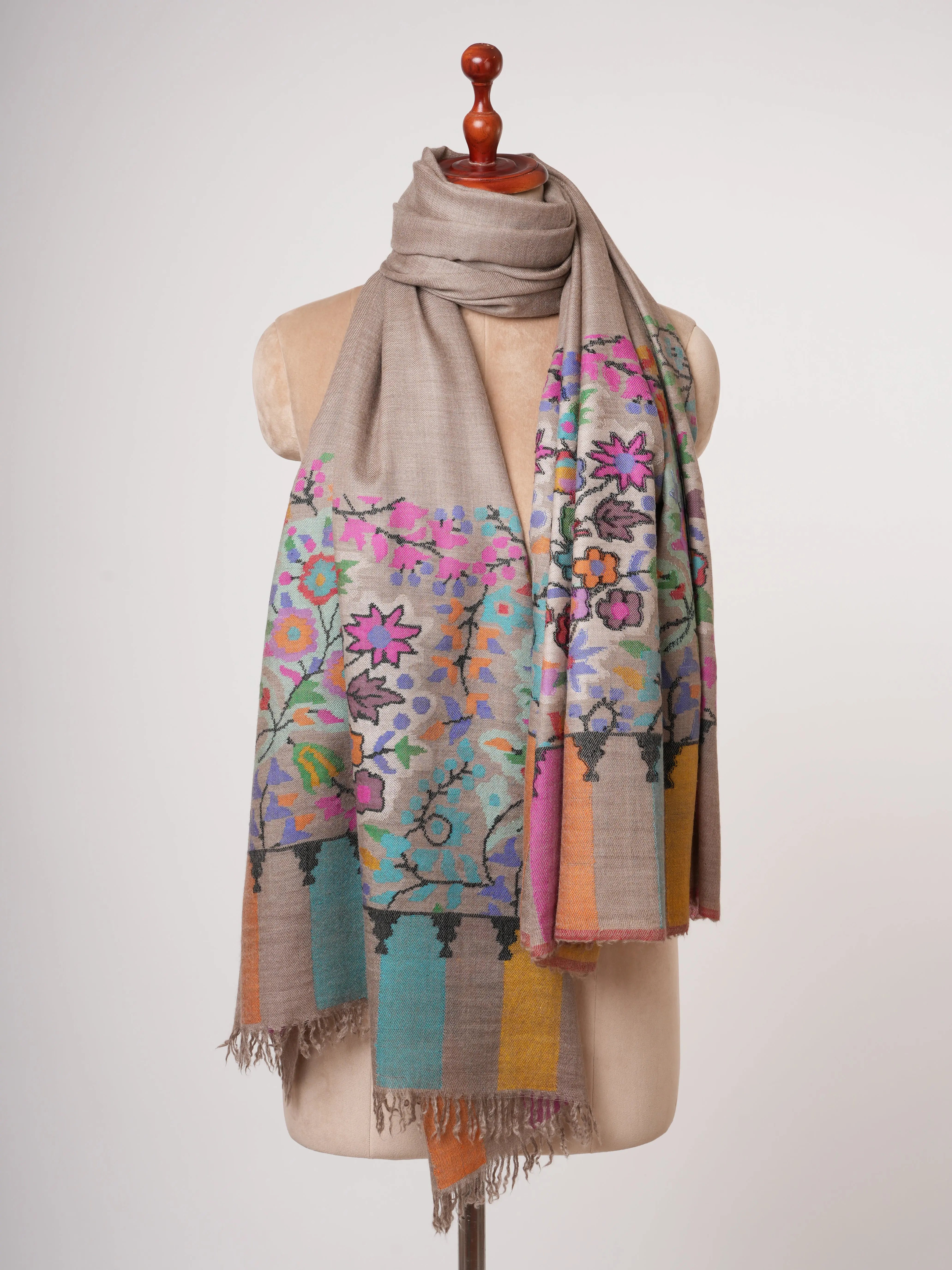 Natural Beige Kani Pashmina Shawl with Floral Motifs Shahkaar