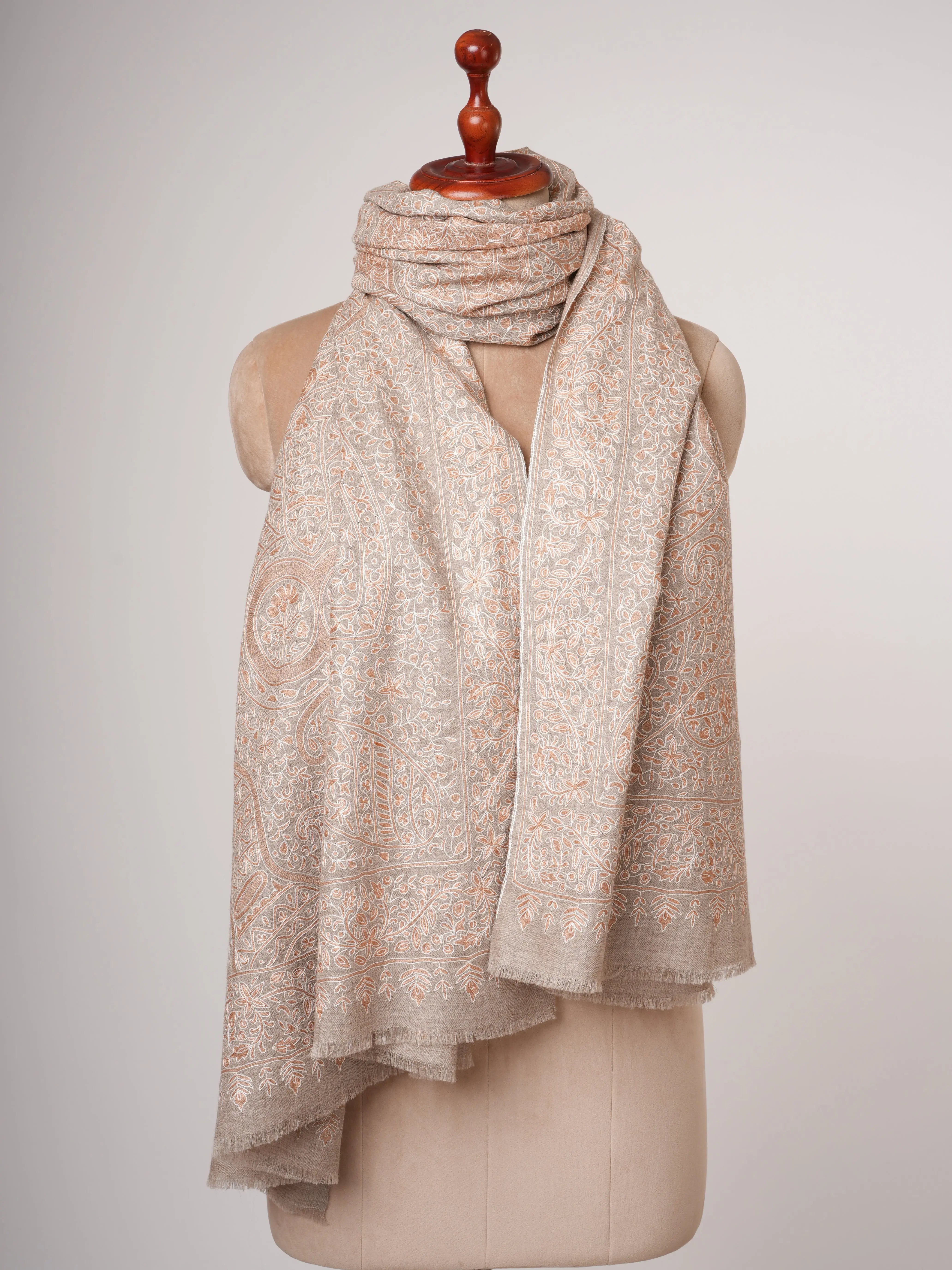 Natural Beige Pashmina Shawl with Hand Embroidered Kalamkari Work Shahkaar