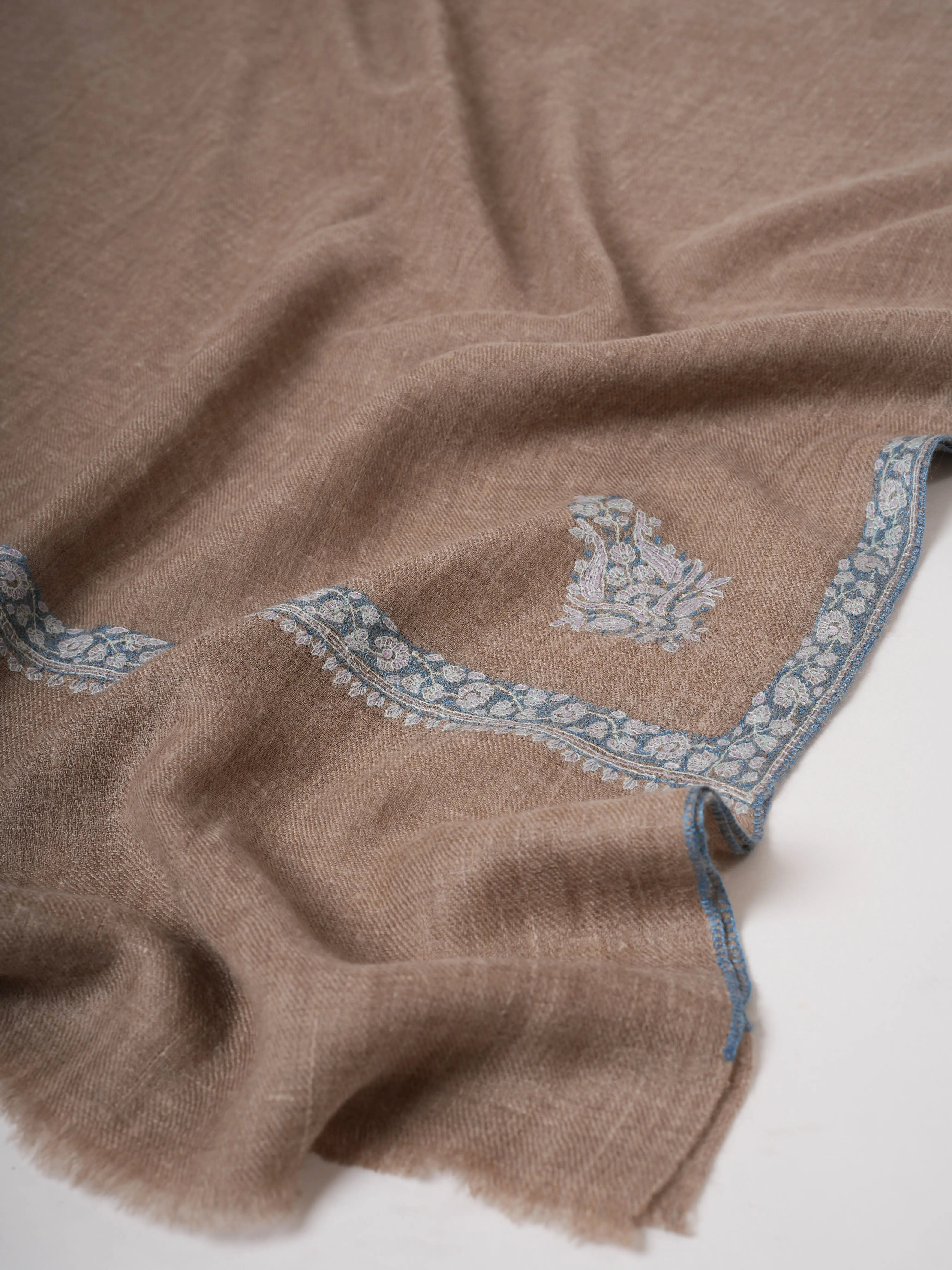Natural Cashmere Scarf with Blue Hashia Embroidery Shahkaar