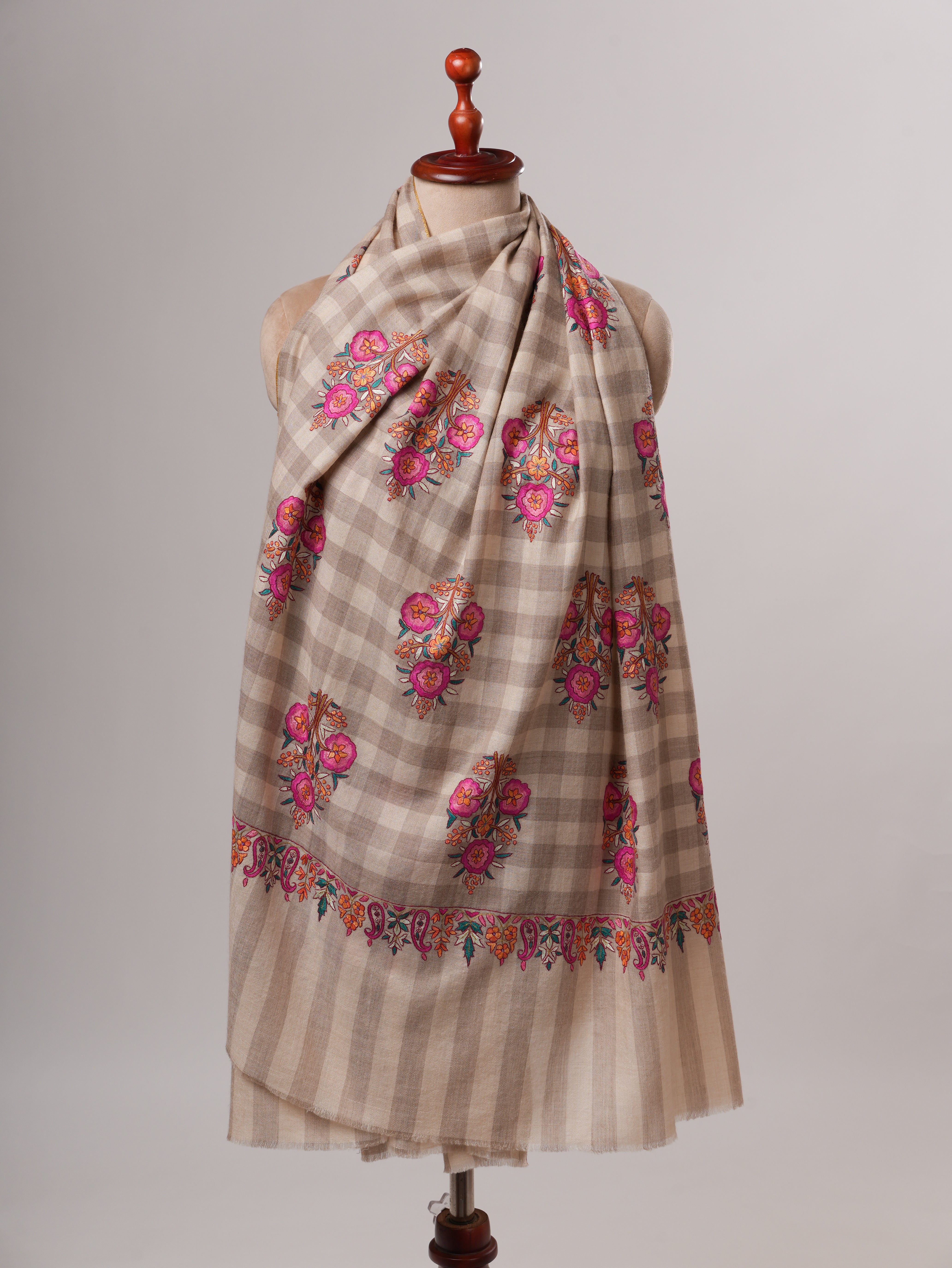 Natural Check Kashmiri Pashmina Shawl with Floral Papier Mache Embroidery Shahkaar
