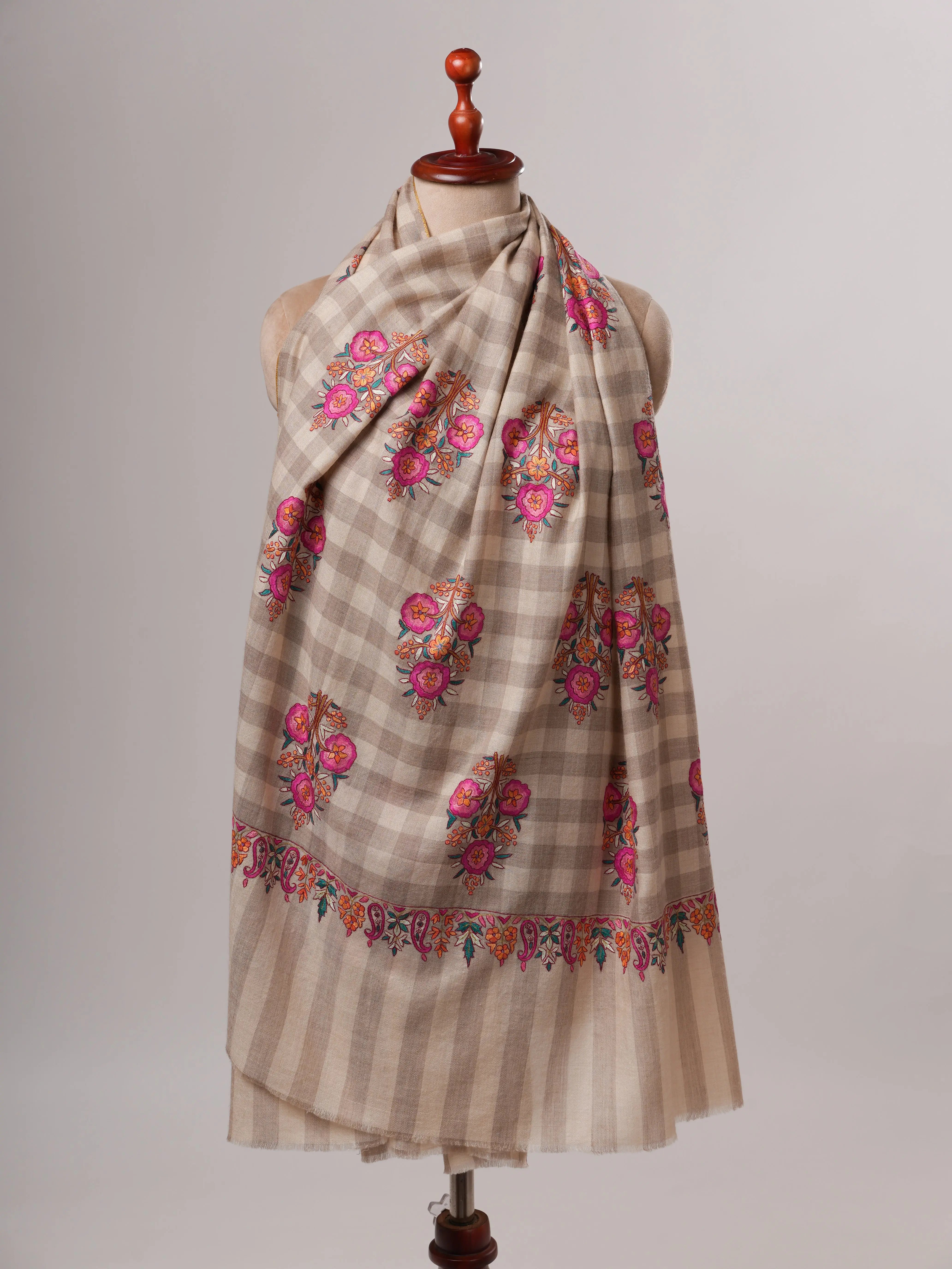 Natural Check Kashmiri Pashmina Shawl with Floral Papier Mache Embroidery Shahkaar