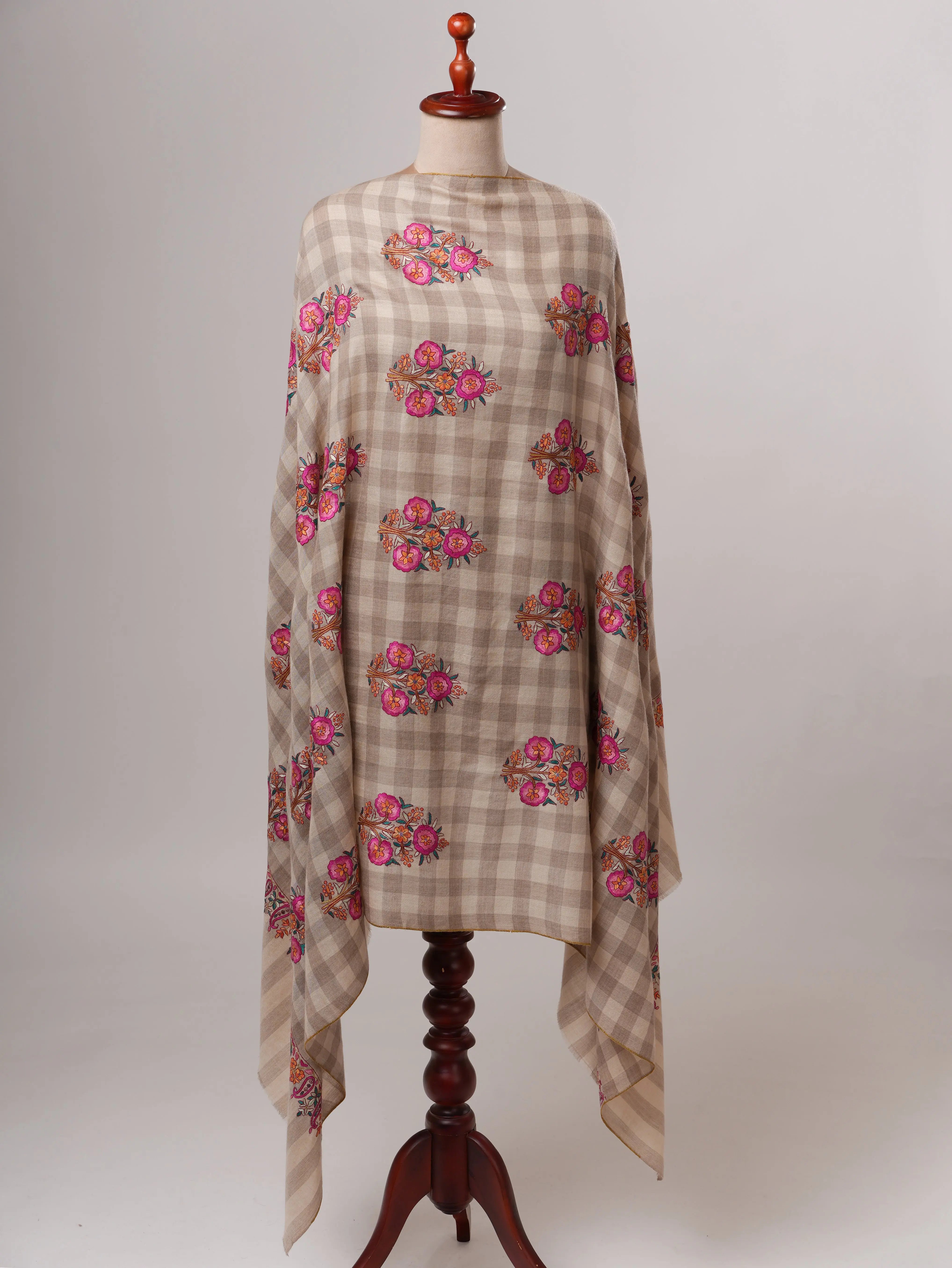 Natural Check Kashmiri Pashmina Shawl with Floral Papier Mache Embroidery Shahkaar