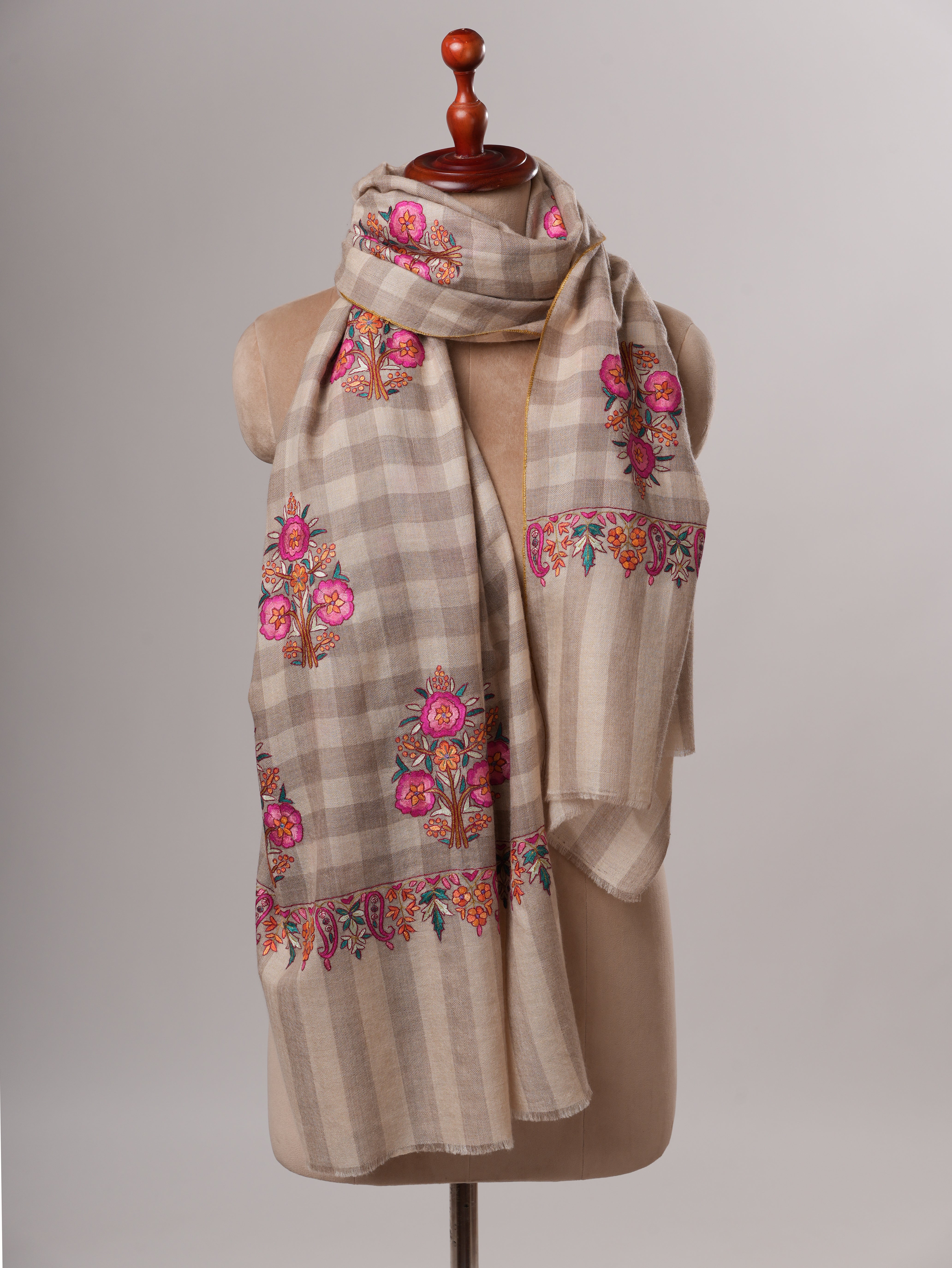 Natural Check Kashmiri Pashmina Shawl with Floral Papier Mache Embroidery Shahkaar
