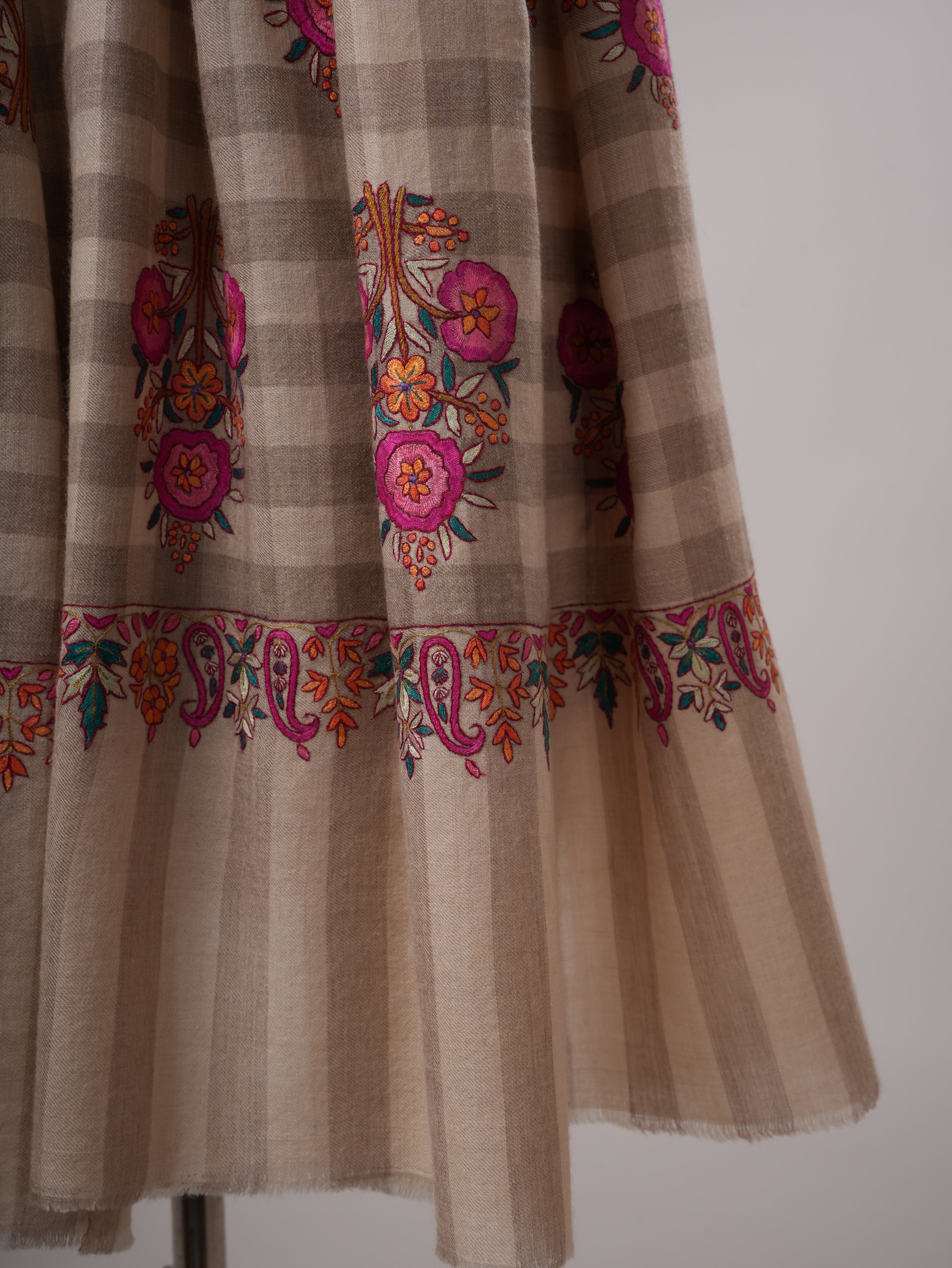 Natural Check Kashmiri Pashmina Shawl with Floral Papier Mache Embroidery Shahkaar