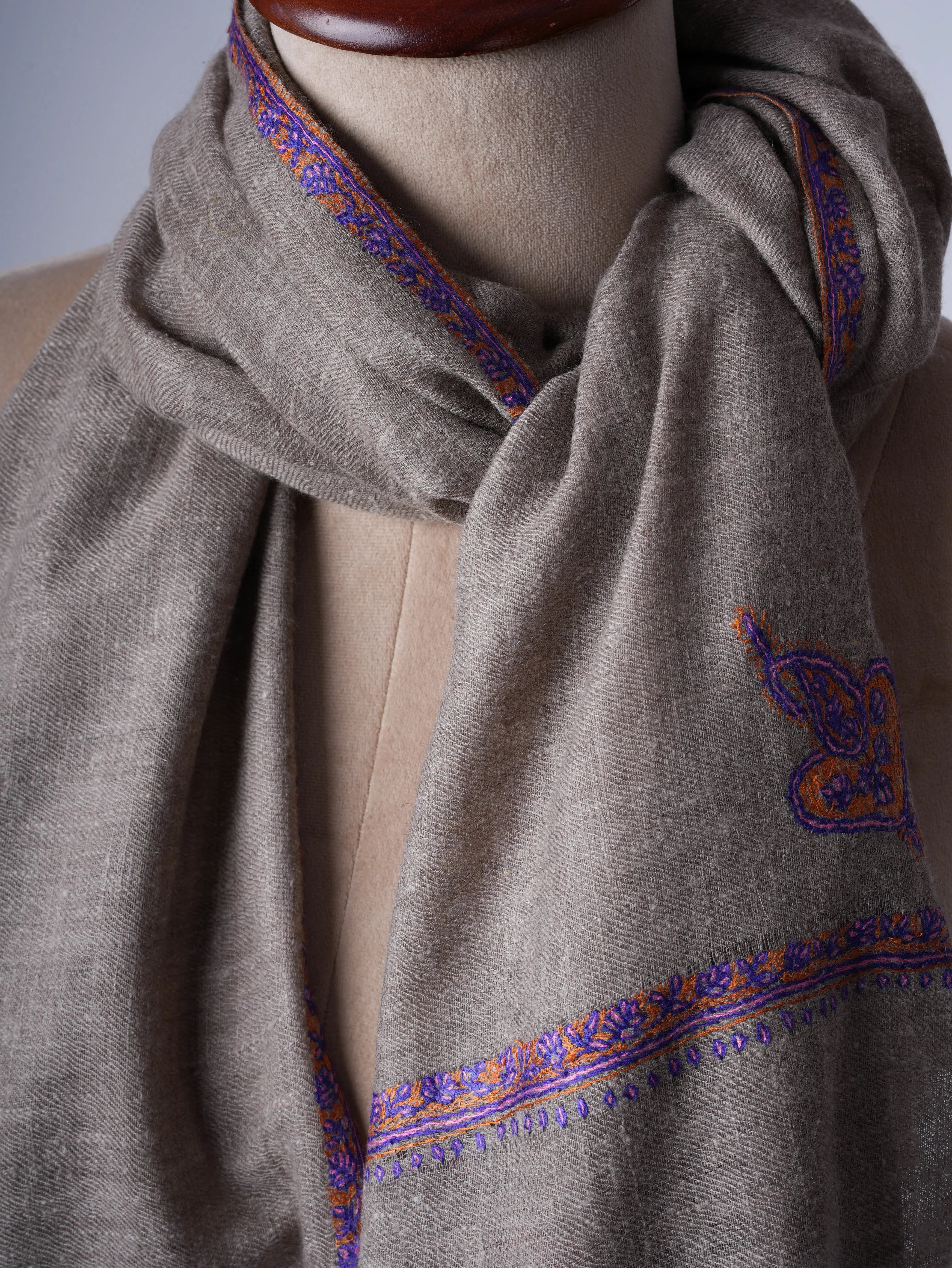 Natural Grey Baby Soft Cashmere Scarf with Bail Needlework Shahkaar