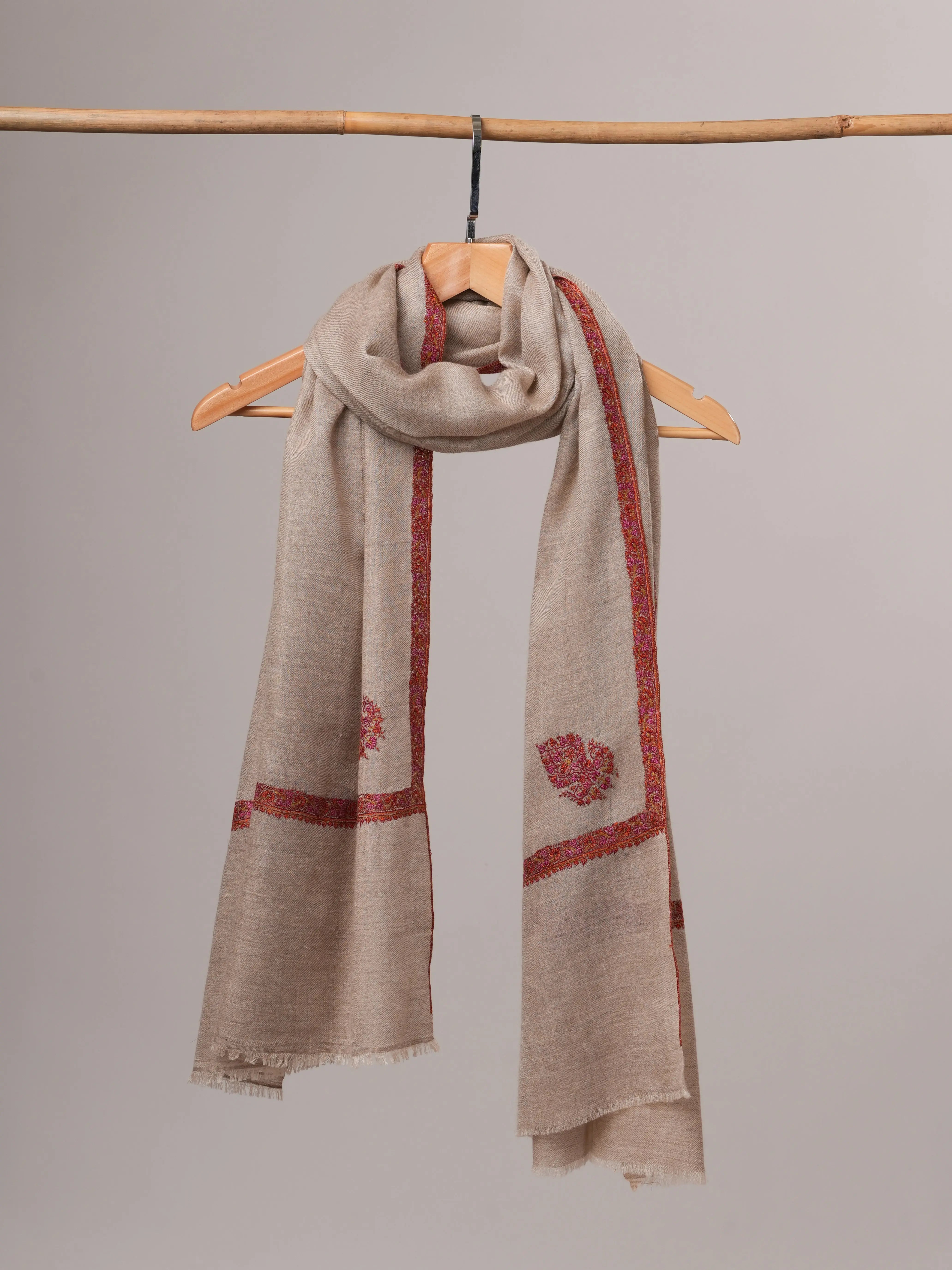 Natural Grey Baby Soft Cashmere Scarf with Classic Hashia & Corner Embroidery Shahkaar