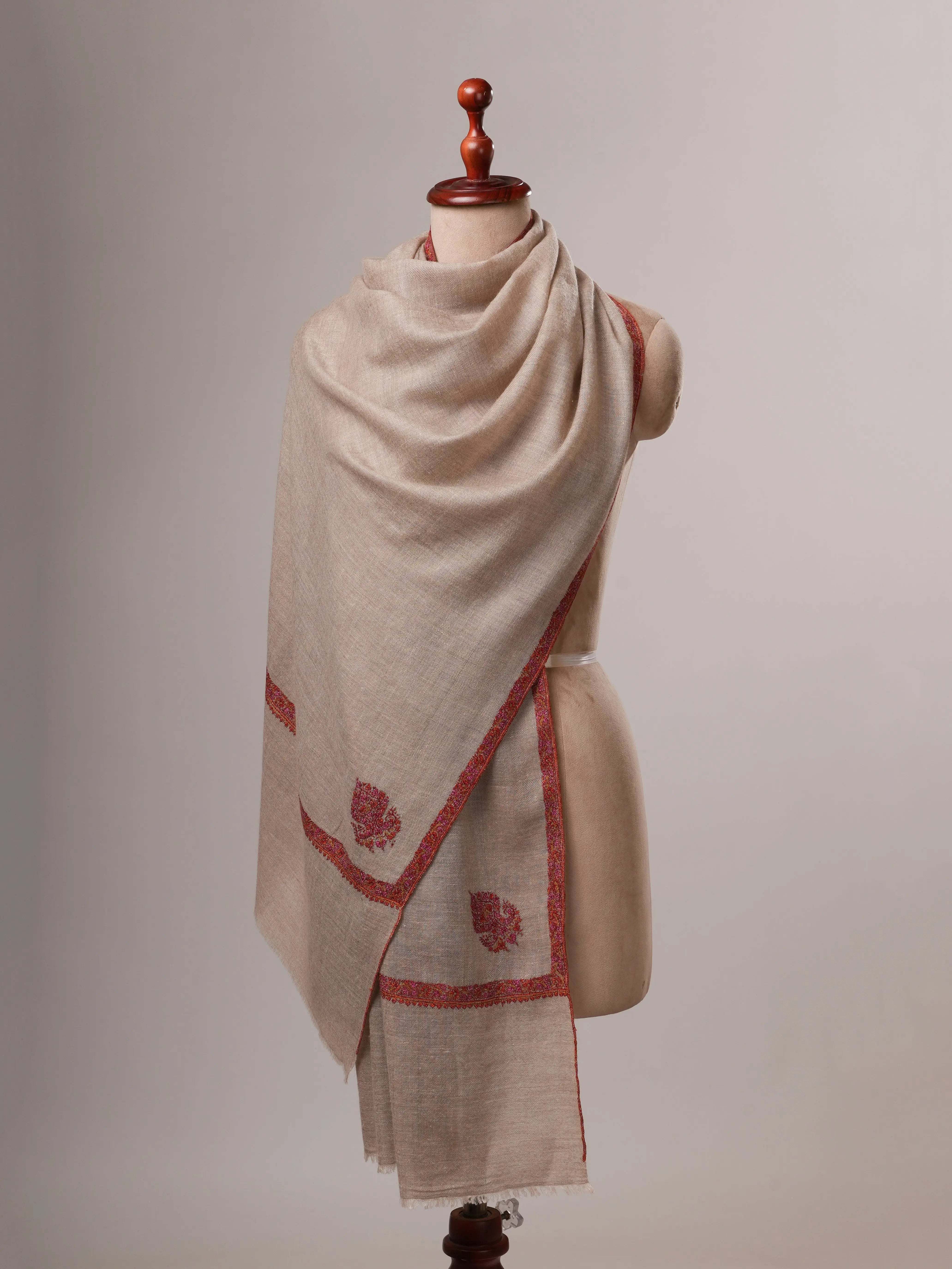 Natural Grey Baby Soft Cashmere Scarf with Classic Hashia & Corner Embroidery Shahkaar