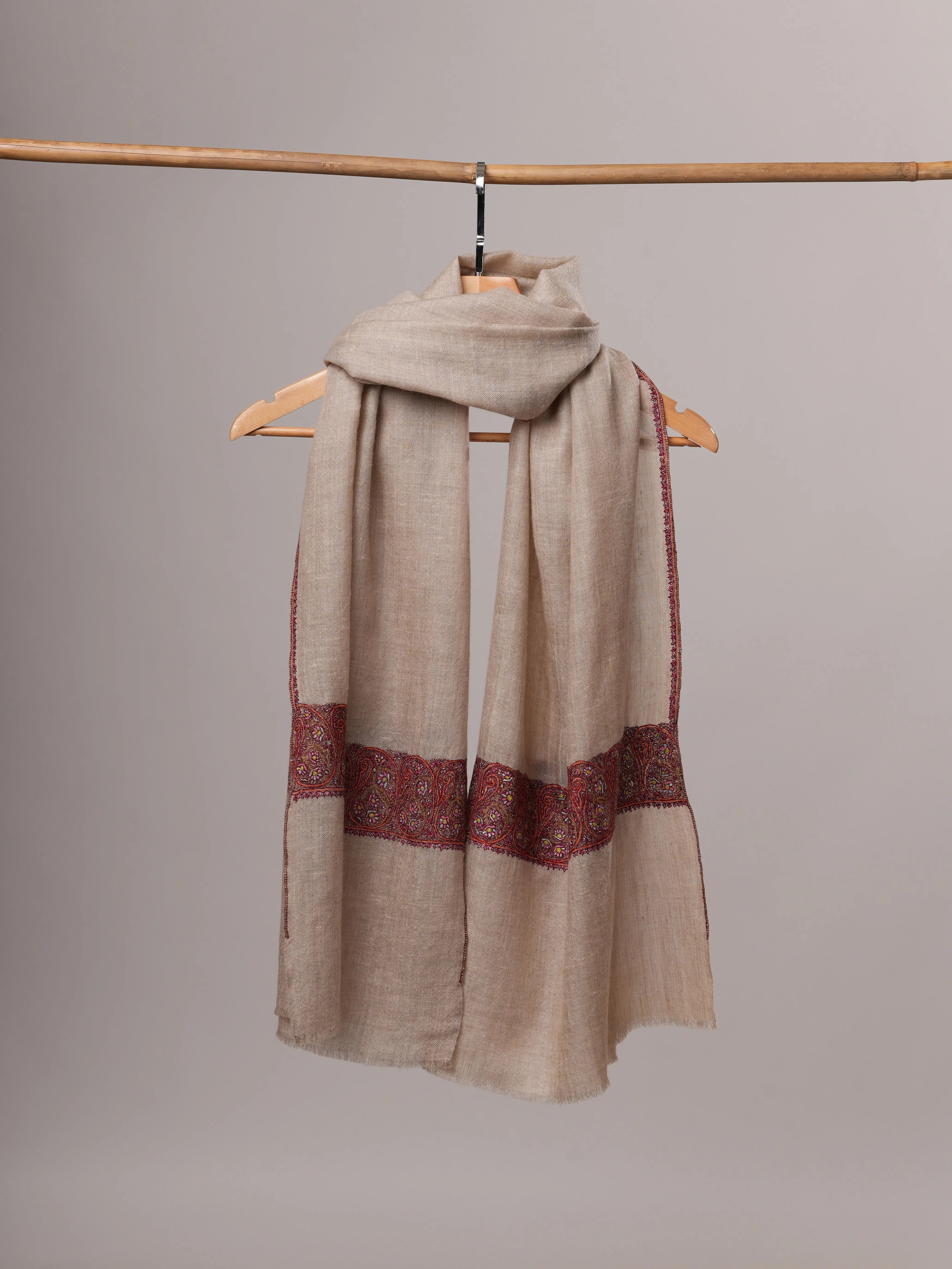 Natural Grey Baby Soft Cashmere Scarf with Hand-Embroidered Palla Shahkaar