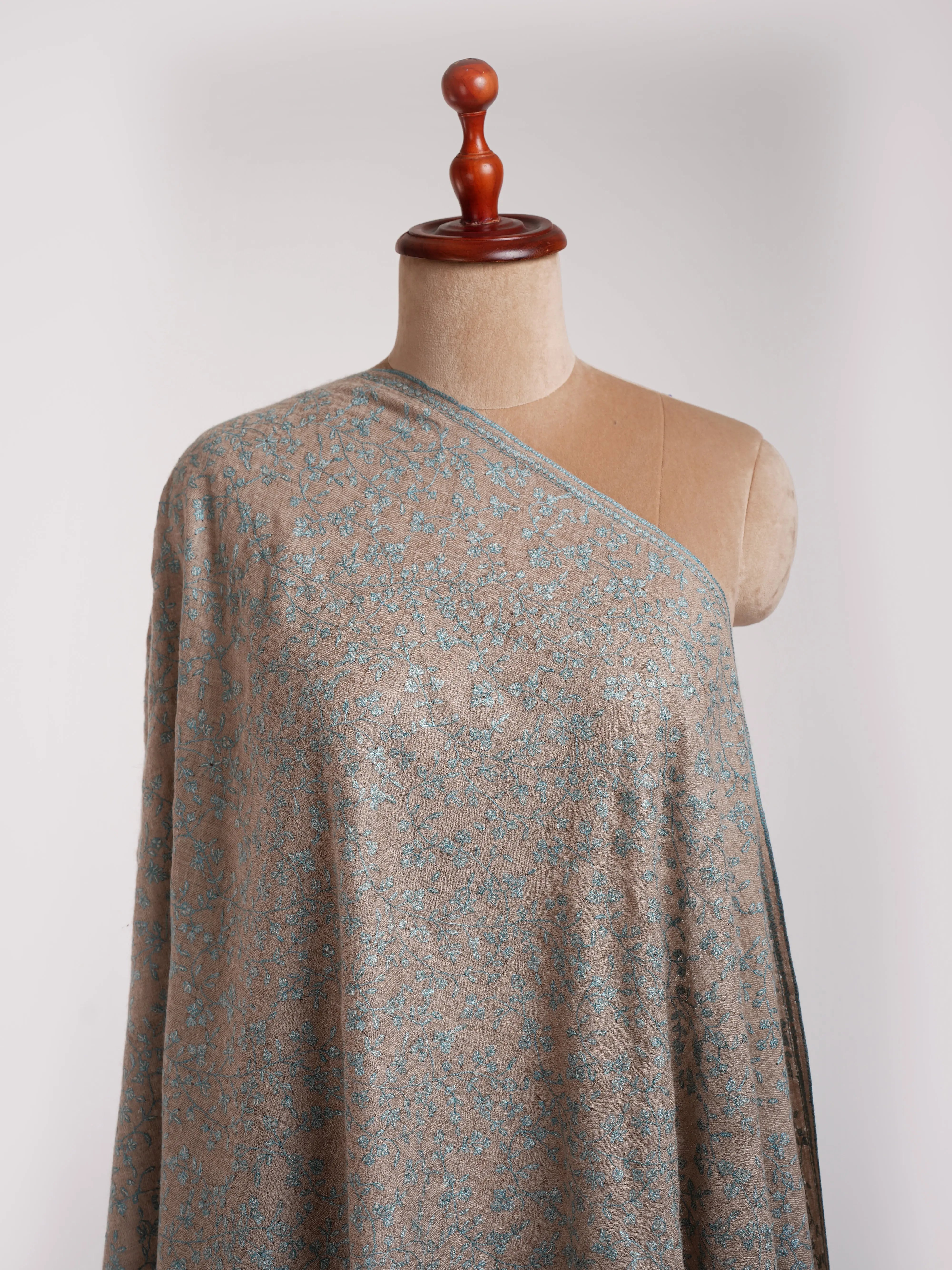 Natural Grey Cashmere Embroidered Stole with Blue Embroidery. Shahkaar