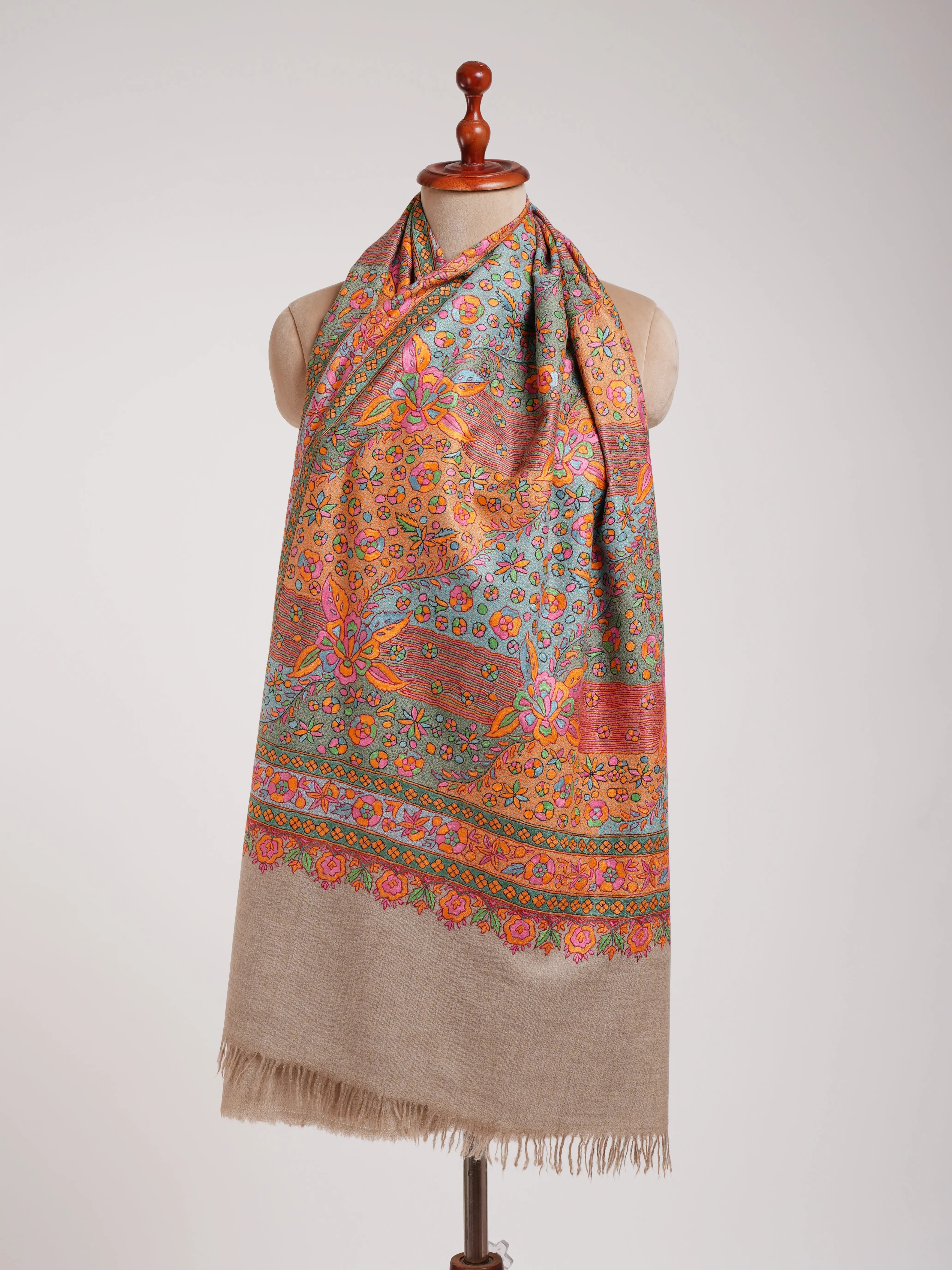 Natural Grey Cashmere Handwoven Embroidered Jamavar Stole Shahkaar