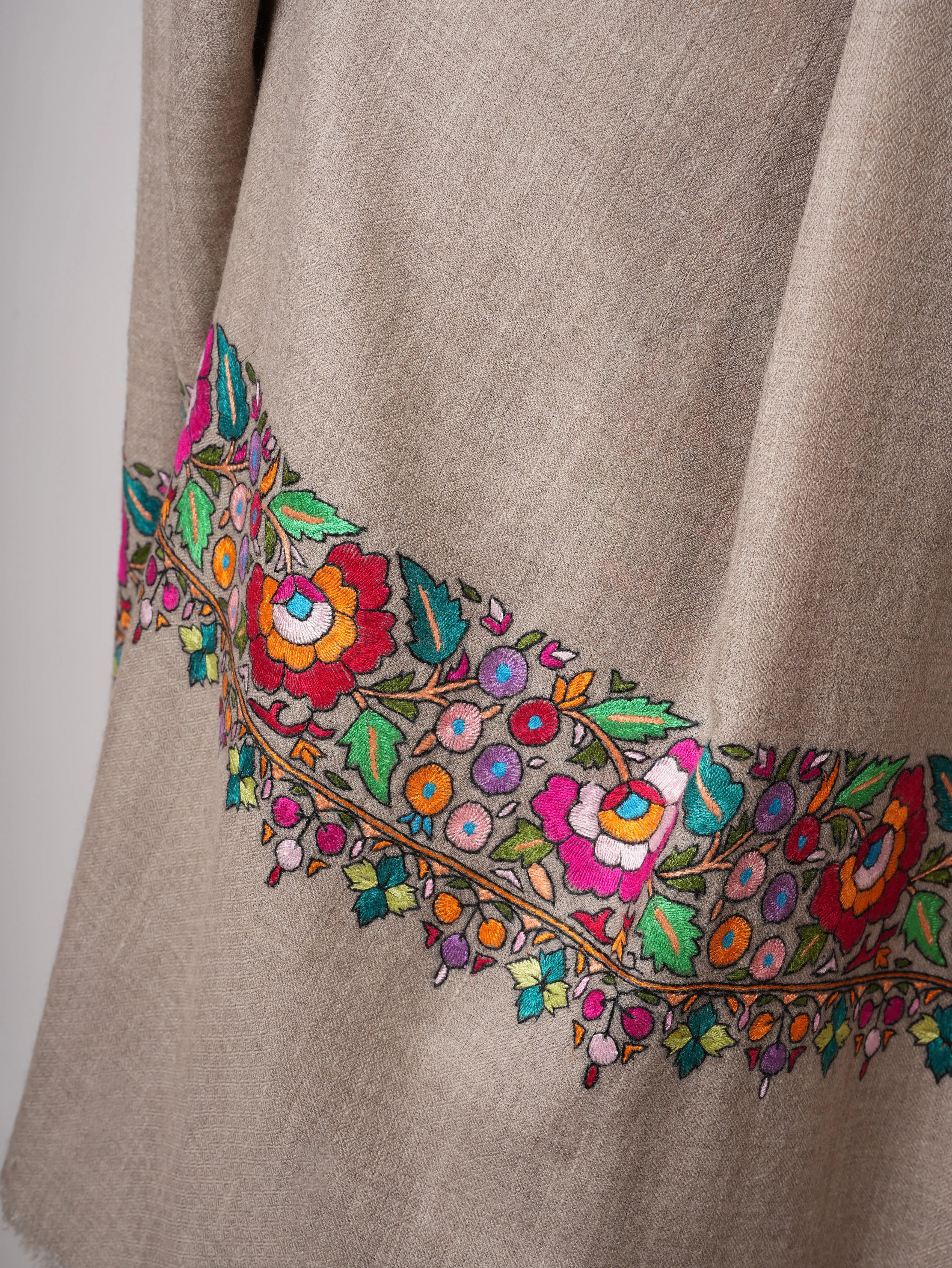 Natural Grey Cashmere Pashmina Shawl with Hand Embroidered Papermachie Shahkaar