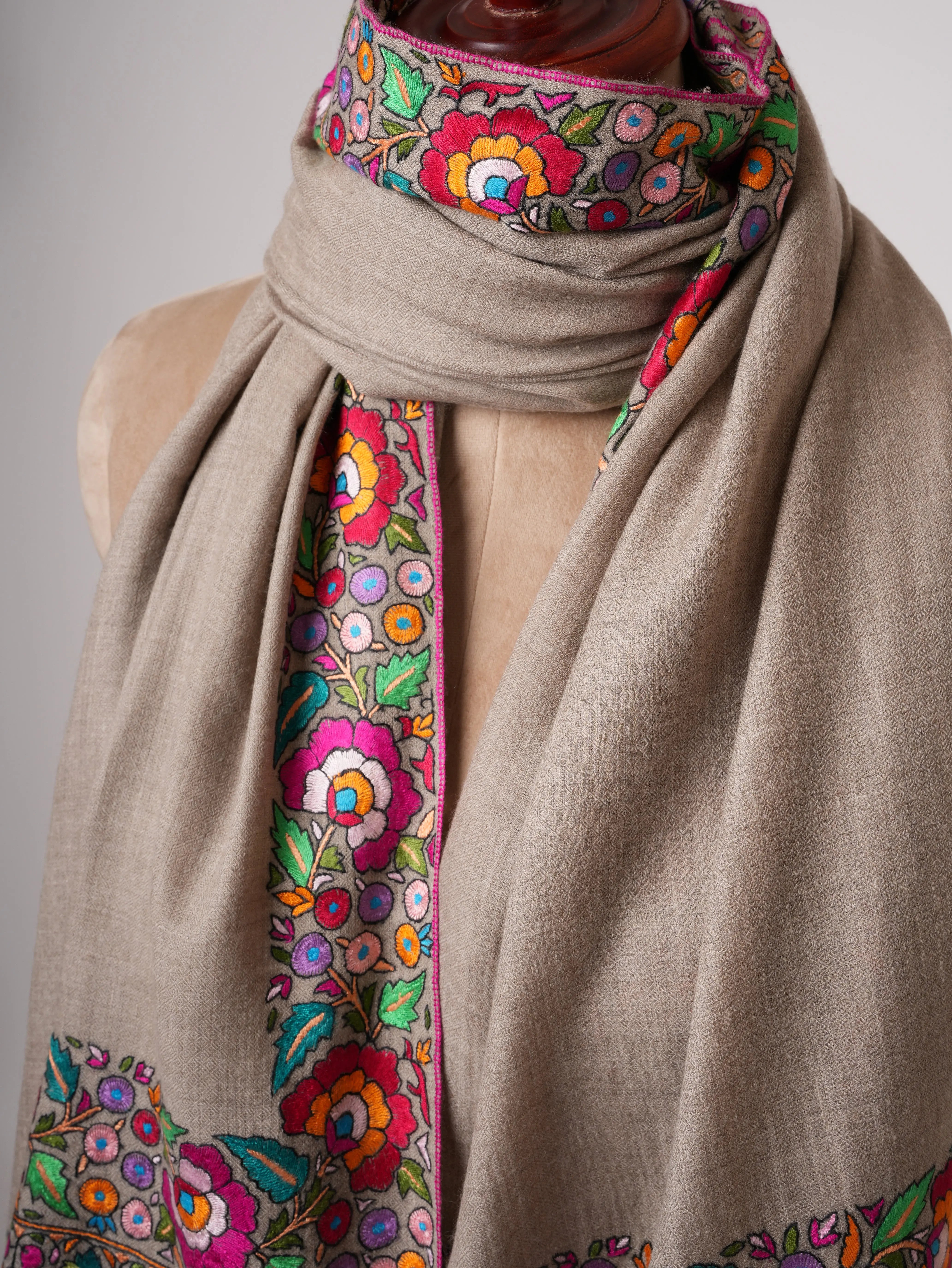Natural Grey Cashmere Pashmina Shawl with Hand Embroidered Papermachie Shahkaar
