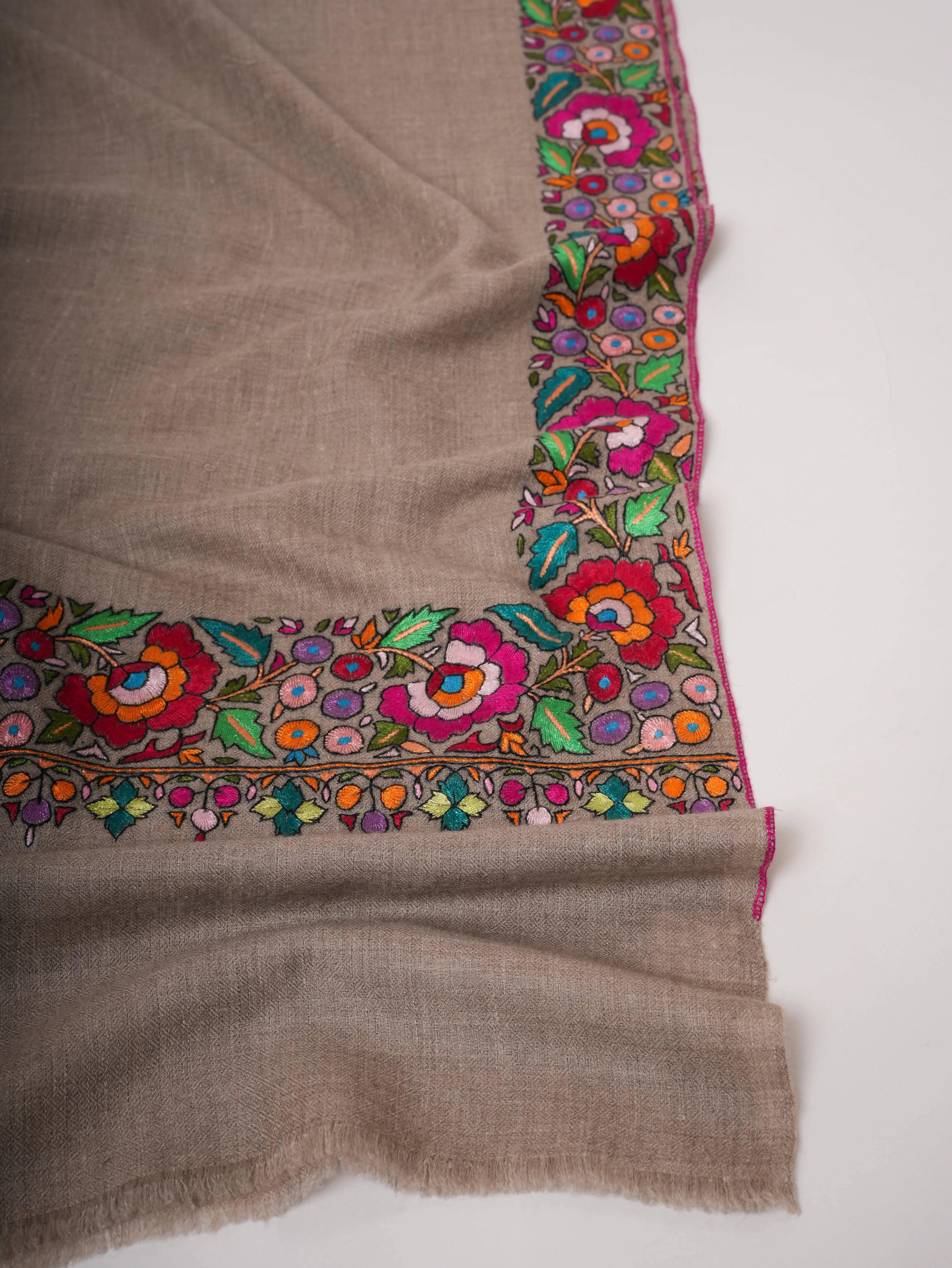 Natural Grey Cashmere Pashmina Shawl with Hand Embroidered Papermachie Shahkaar