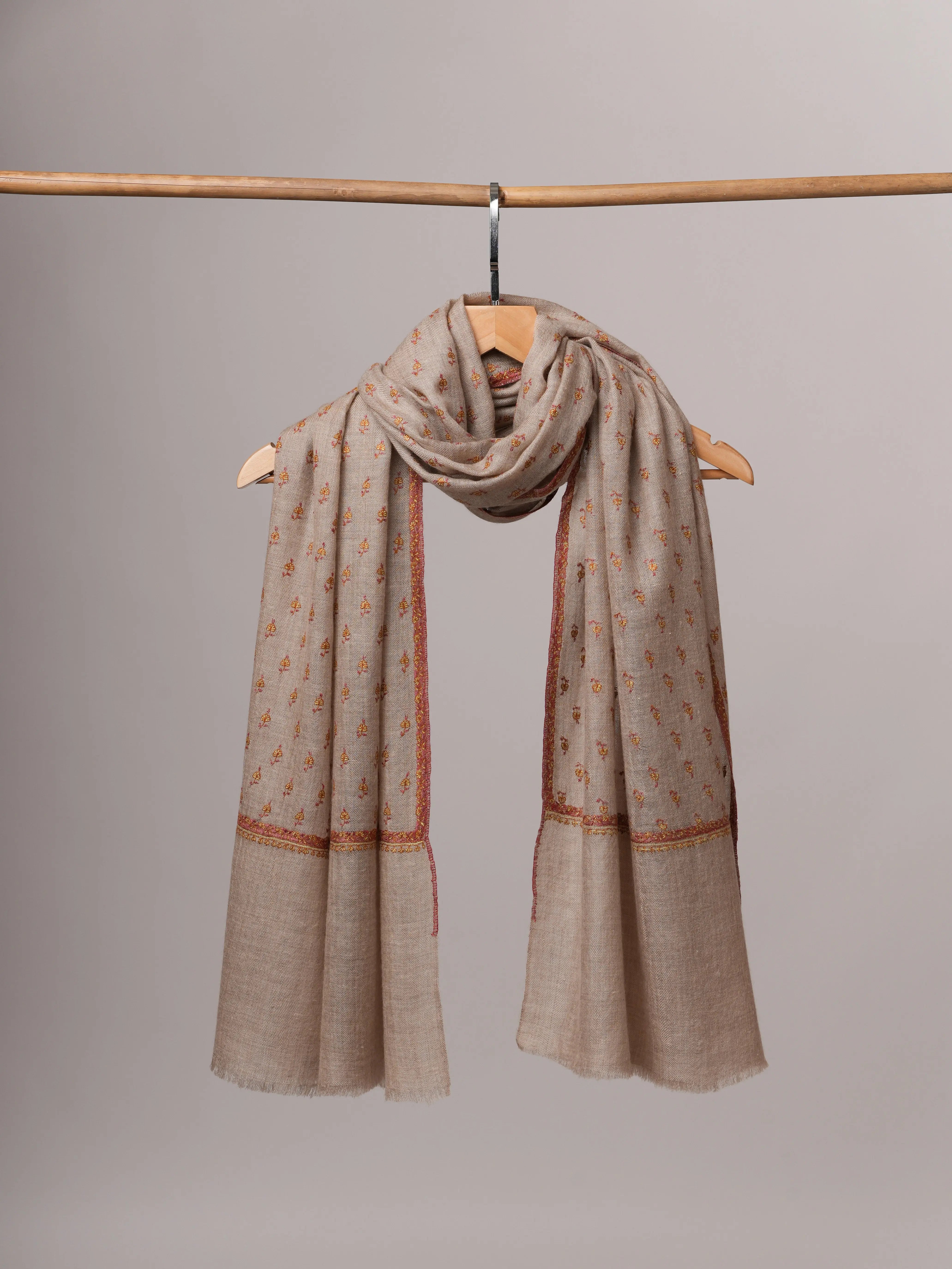 Natural Grey Cashmere Scarf with All-Over Machie Buteh Hand Embroidery Shahkaar