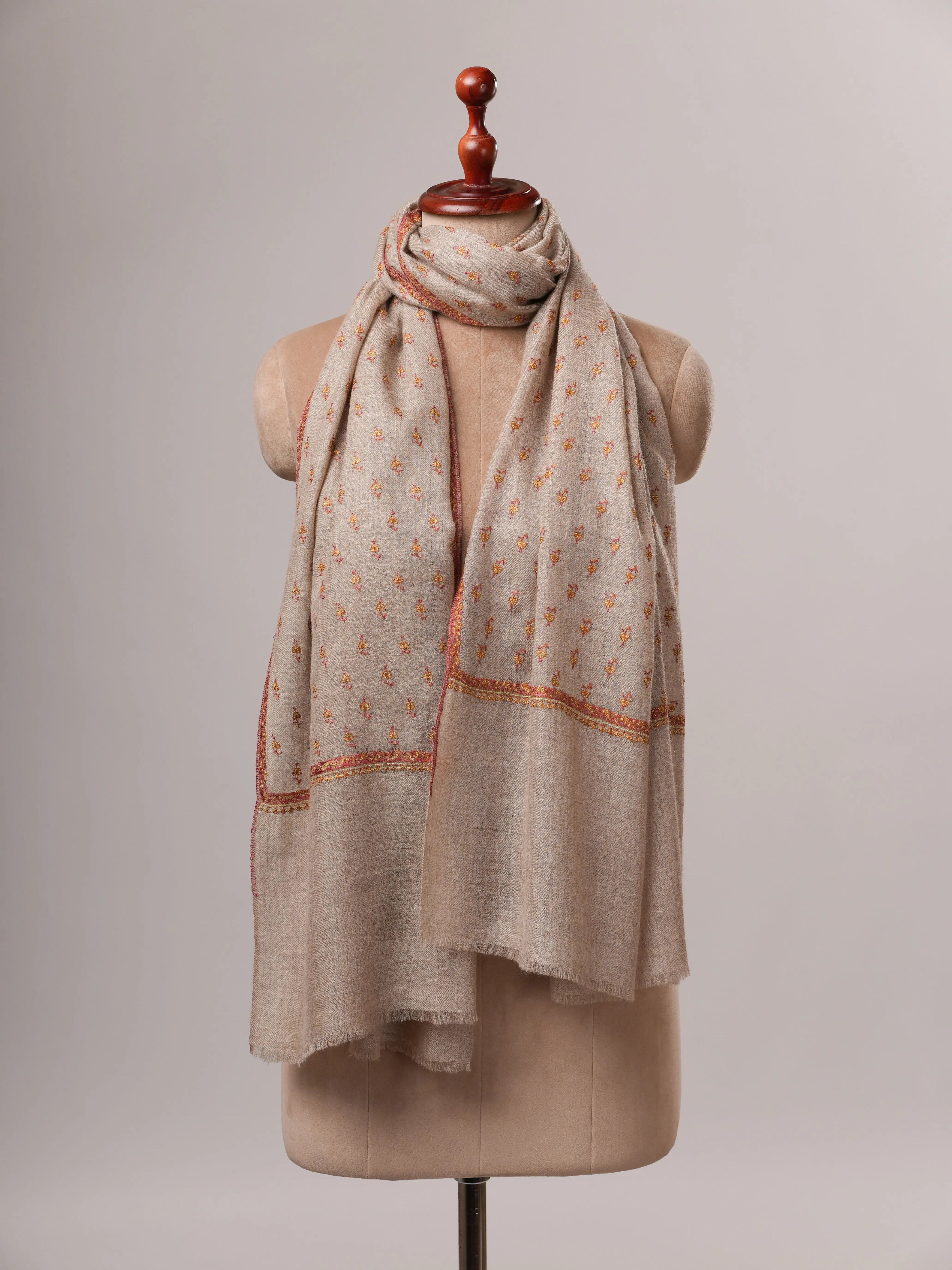 Natural Grey Cashmere Scarf with All-Over Machie Buteh Hand Embroidery Shahkaar
