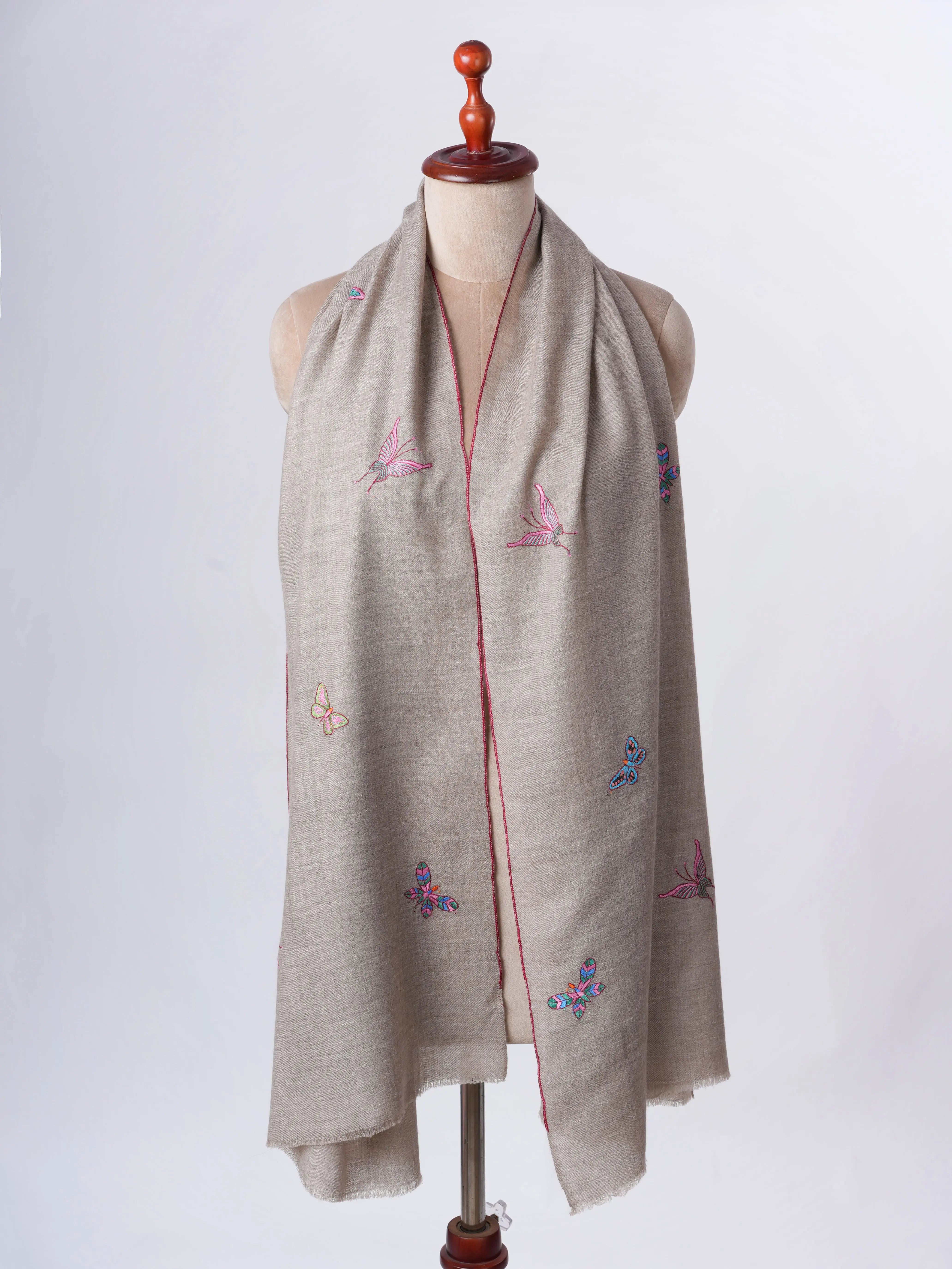 Natural Grey Cashmere Scarf with Butterfly Motif Hand Embroidery – Artisan Made Luxury Shahkaar