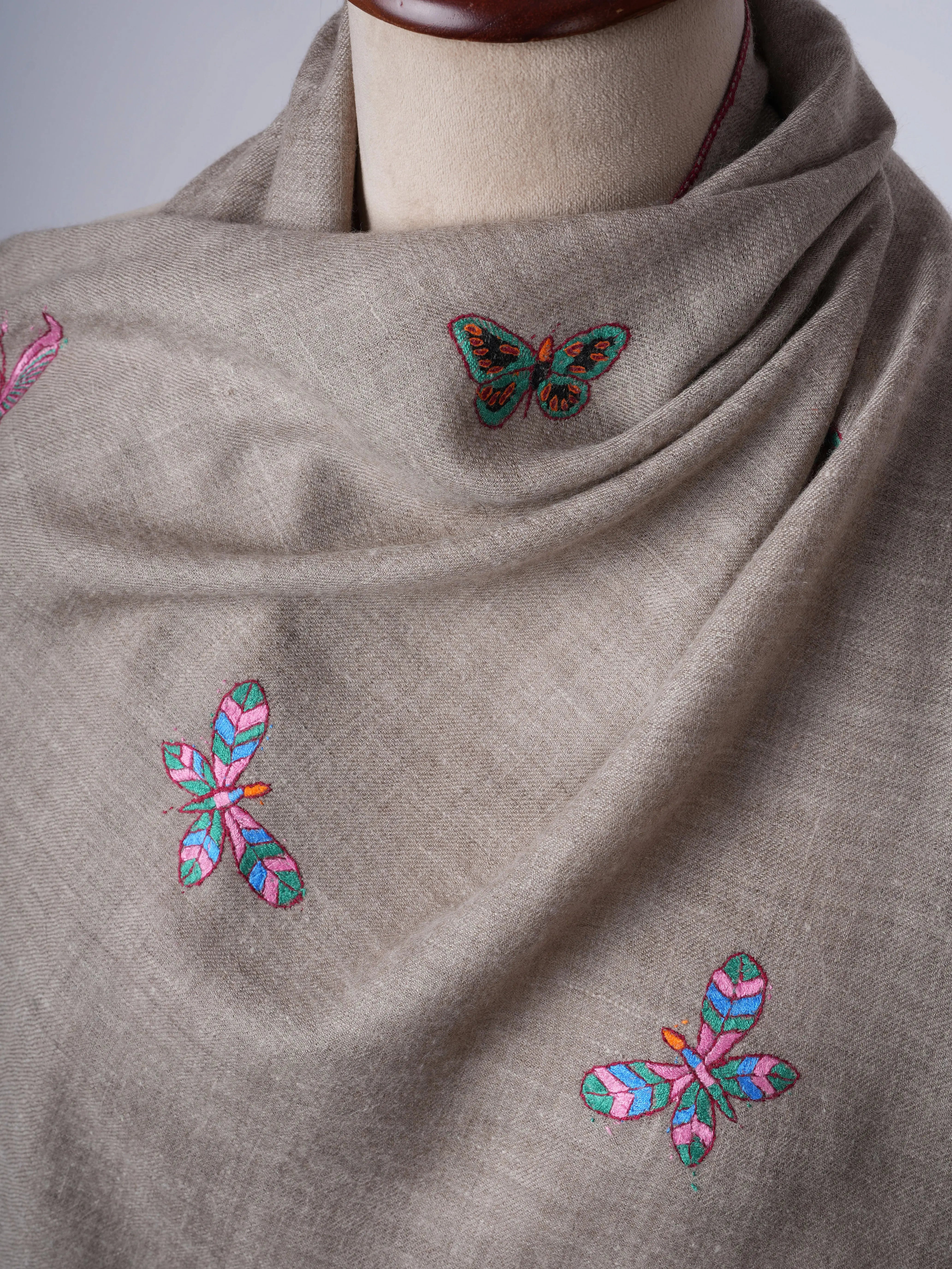 Natural Grey Cashmere Scarf with Butterfly Motif Hand Embroidery – Artisan Made Luxury Shahkaar