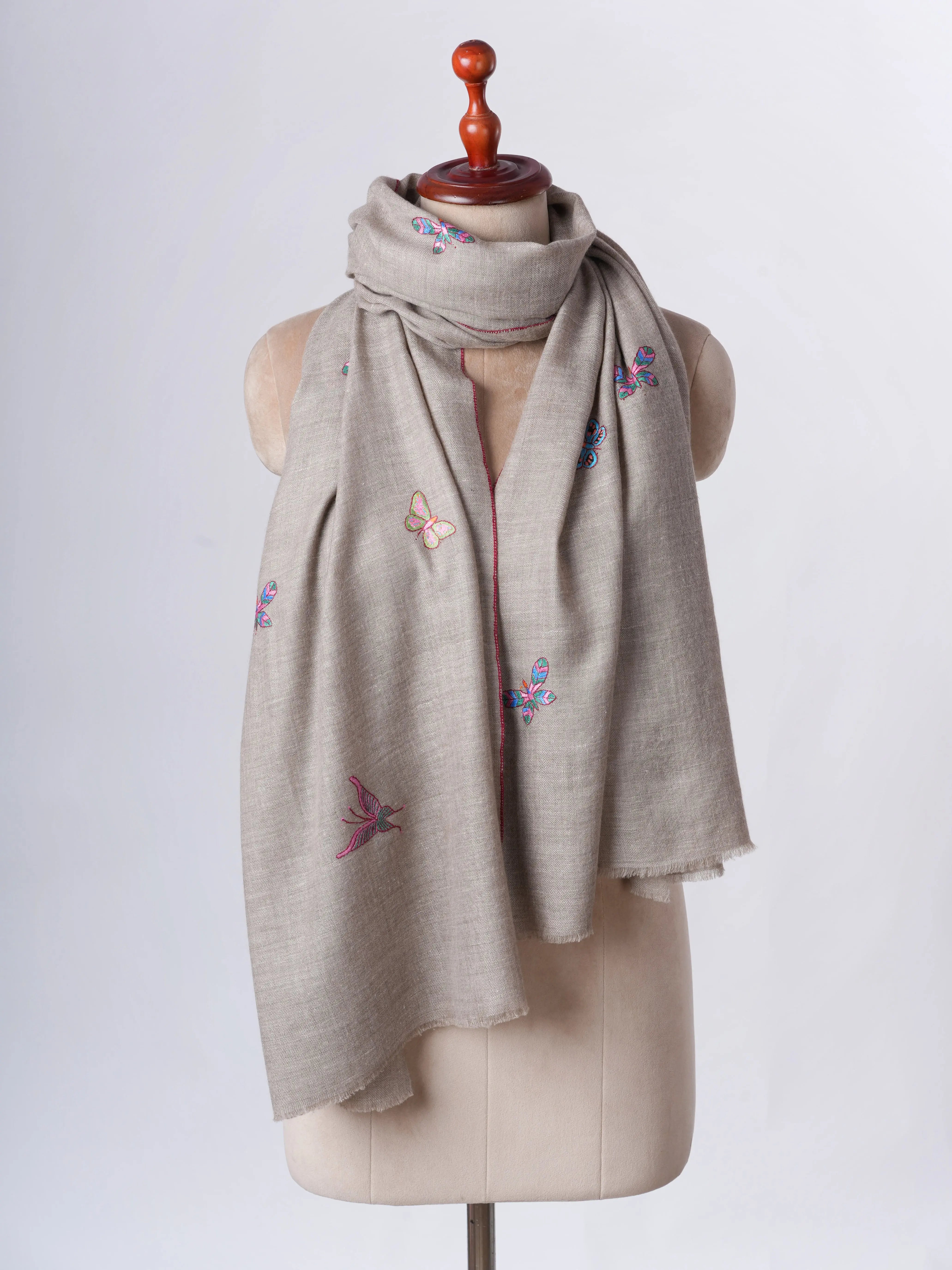 Natural Grey Cashmere Scarf with Butterfly Motif Hand Embroidery – Artisan Made Luxury Shahkaar