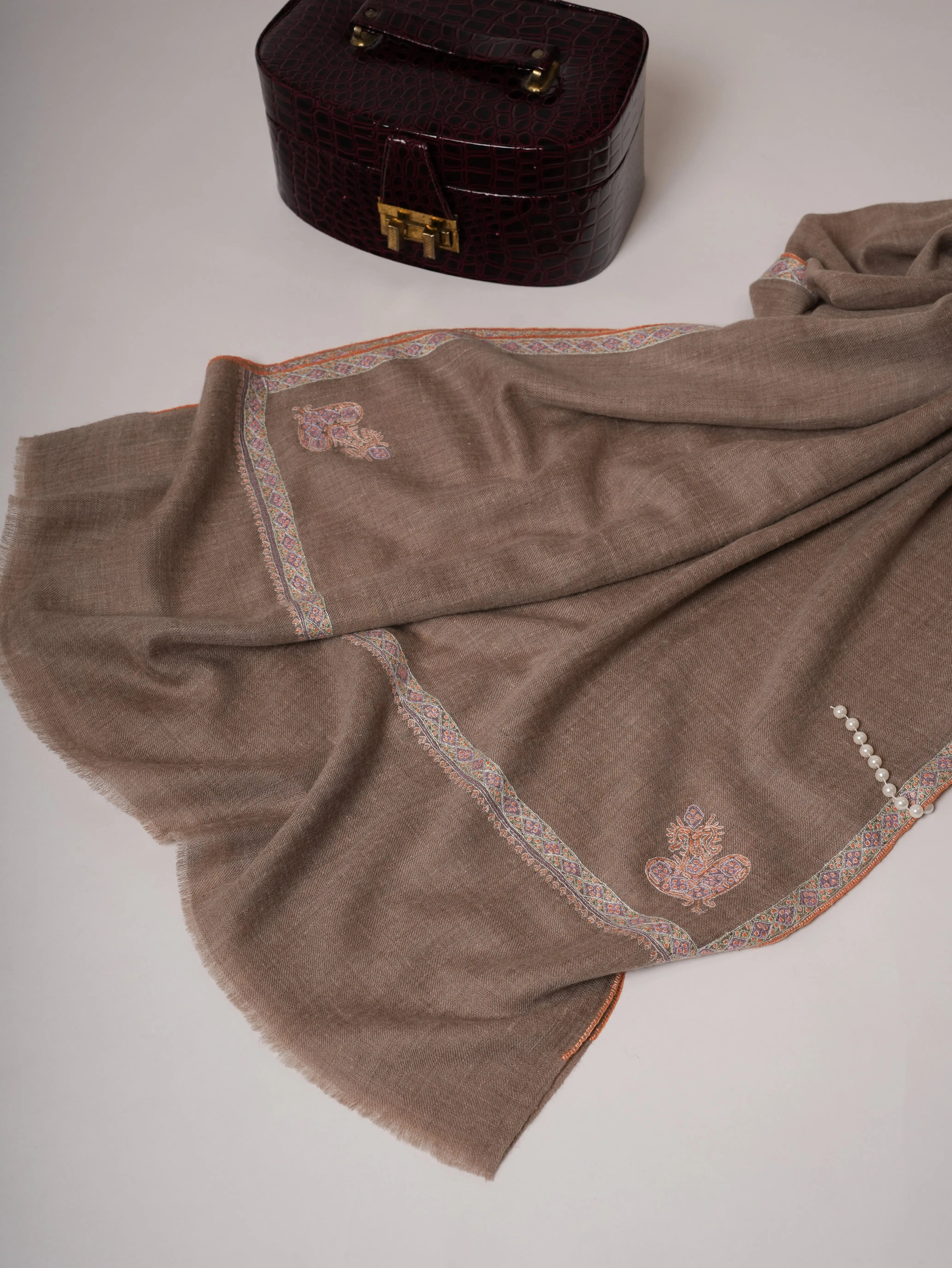Natural Grey Cashmere Scarf with Hashia Hand Embroidery & Corner Paisley Shahkaar