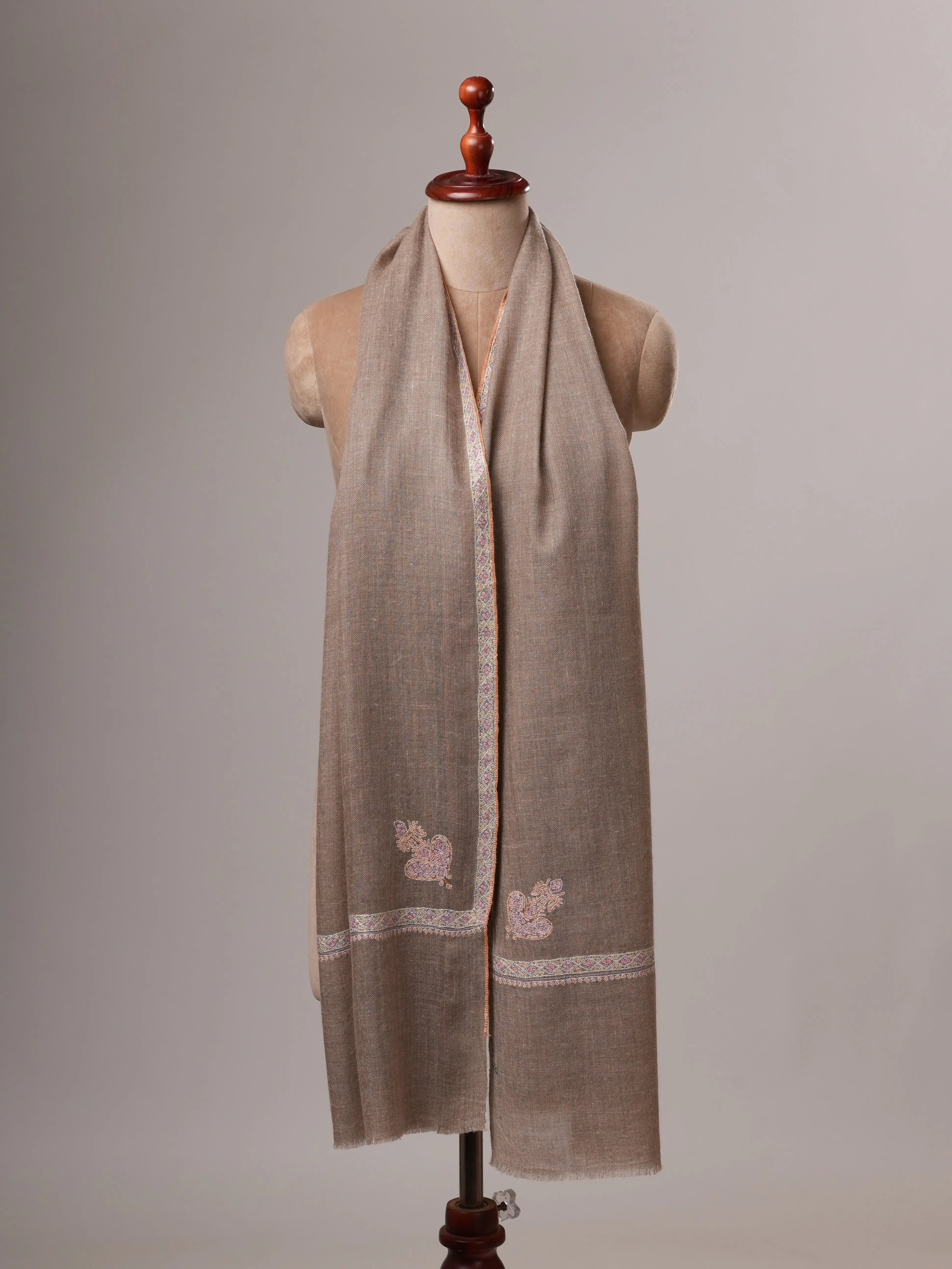 Natural Grey Cashmere Scarf with Hashia Hand Embroidery & Corner Paisley Shahkaar