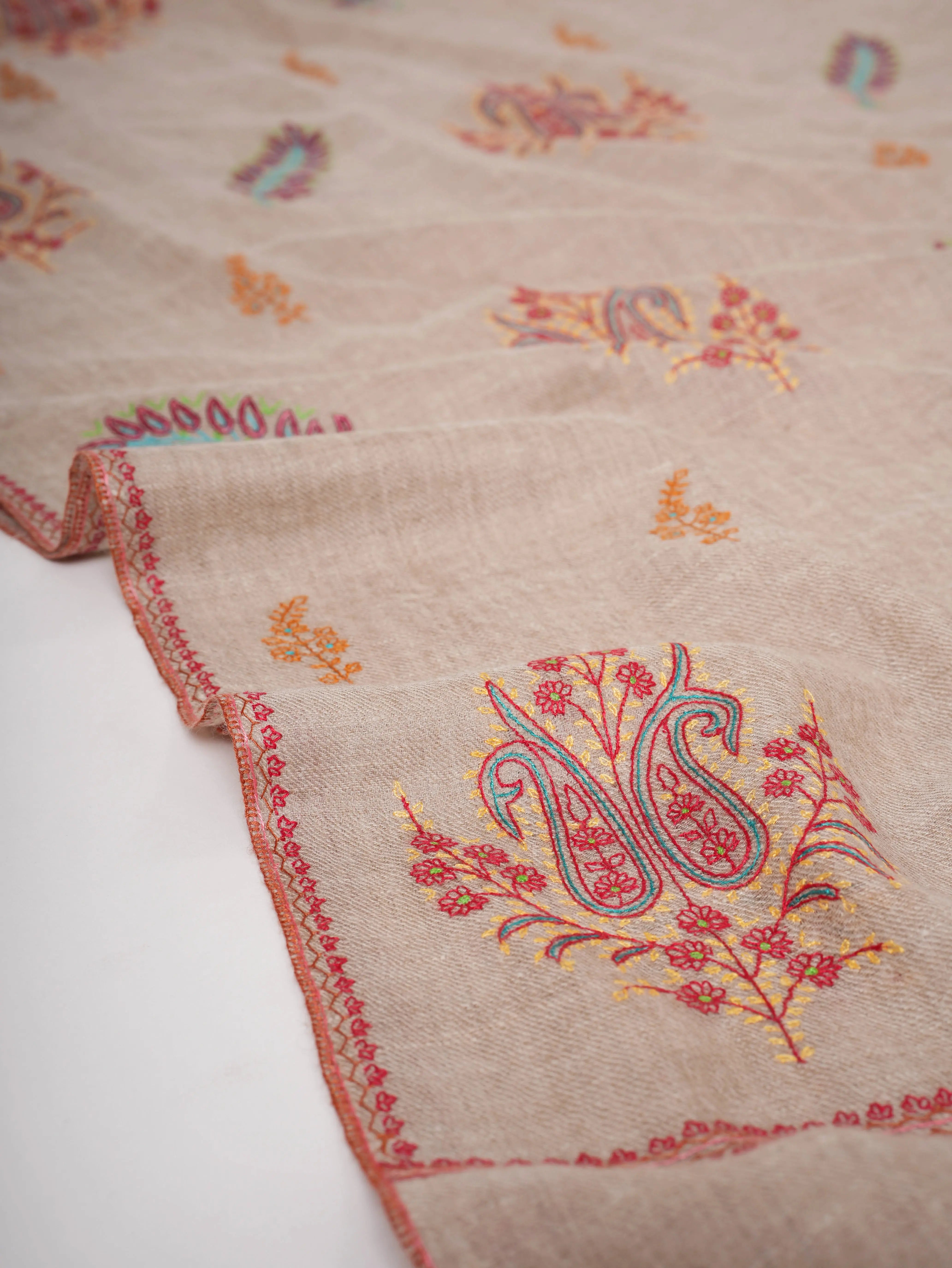 Natural Grey Hand Embroidered Cashmere Scarf – Artisan Crafted Elegance Shahkaar